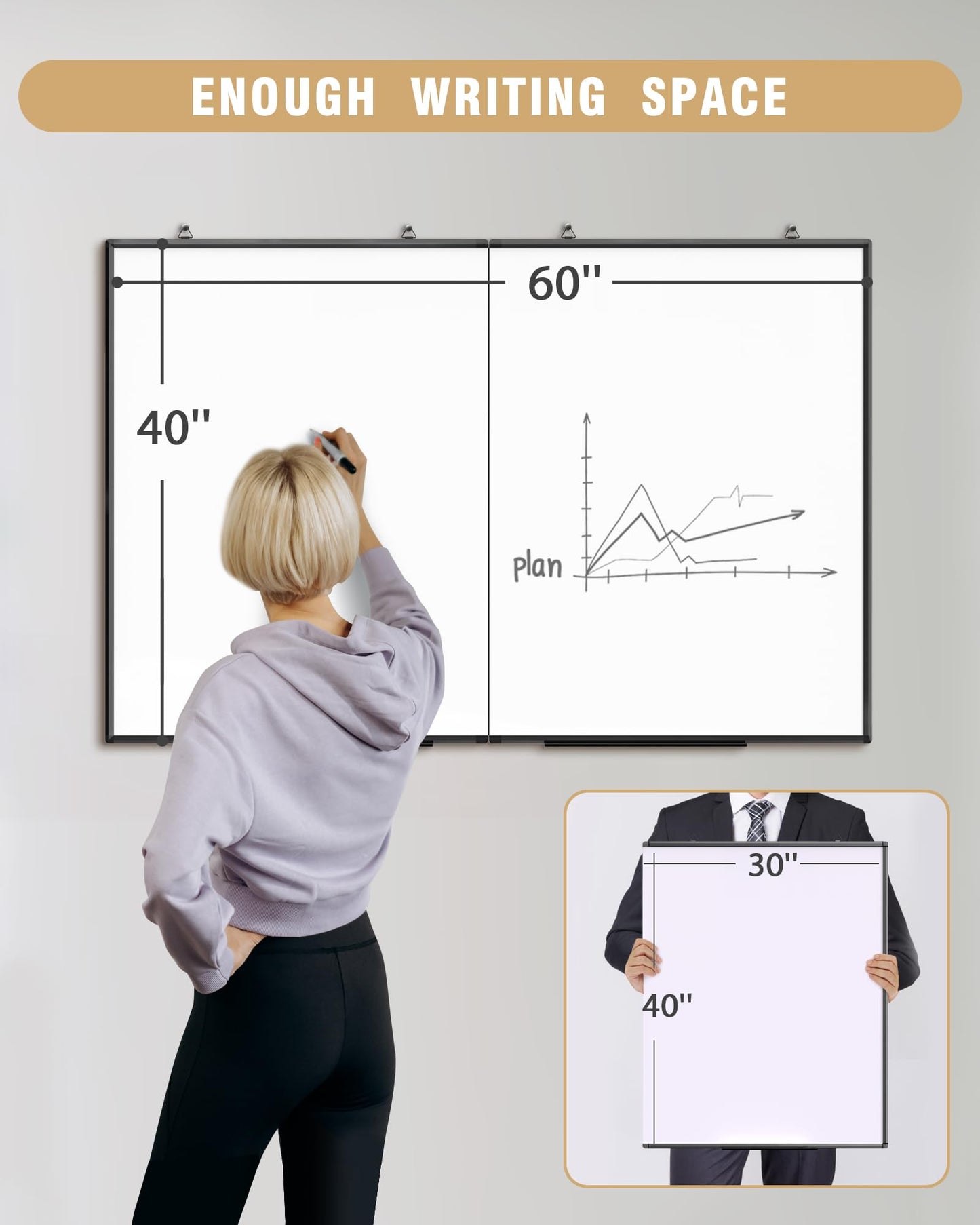 60"X 40" Large Magnetic Dry Erase Whiteboard, Wall Hanging Board with 8 Pens & 4 Dry Erasers & 30 Magnets, Sliver Aluminum Frame Black