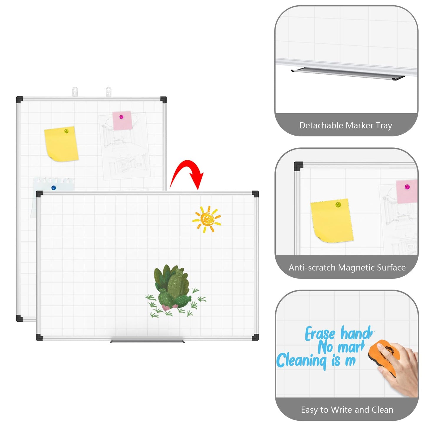 XBoard Magnetic Dry Erase Board with Lines 48 x 36 Inch, 4' x 3' Double Sided Hanging White Board Planner for Wall | Grid Lined White Board + Message Presentation Board
