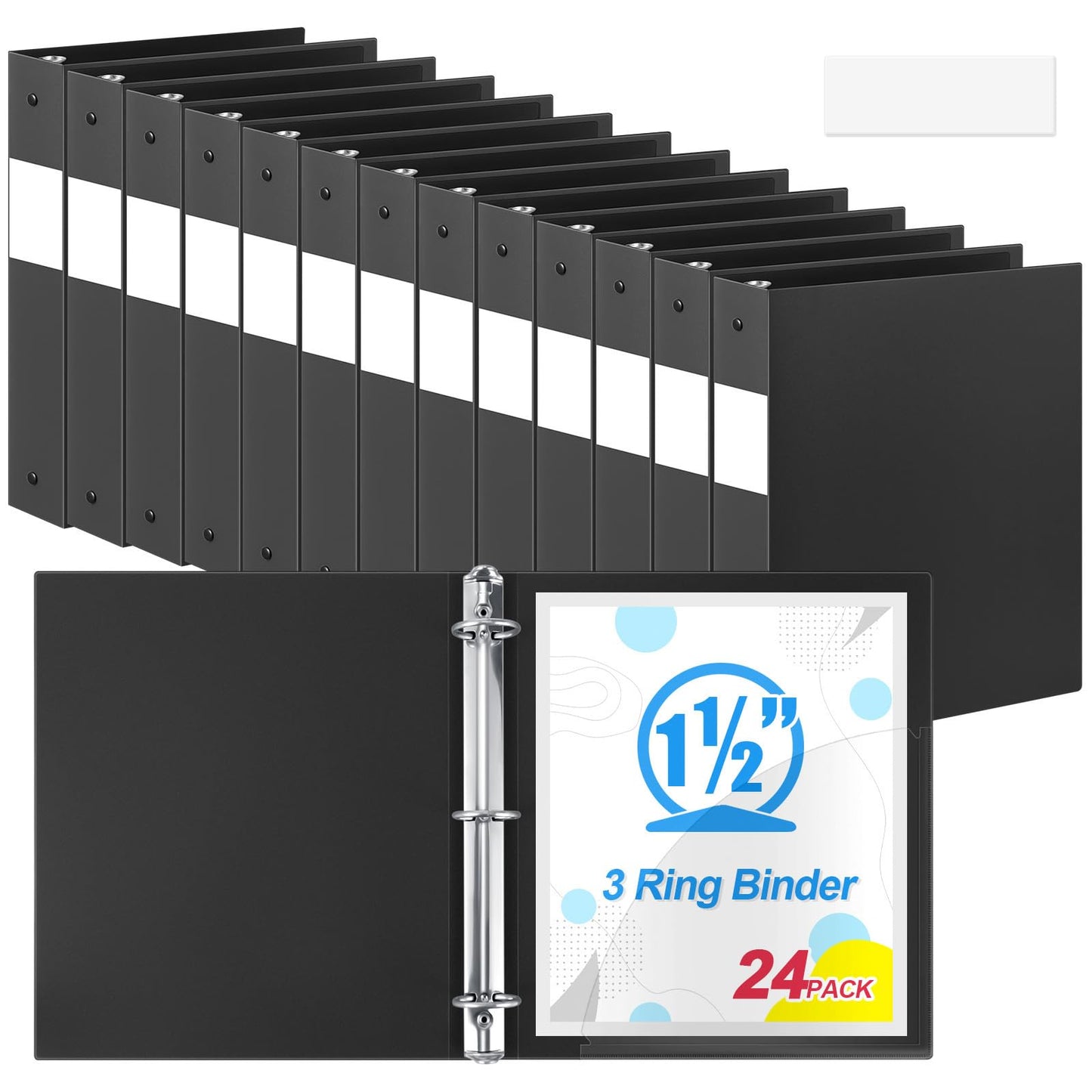 Henoyso 24 Pcs Black 1.5" 3 Ring Plastic Binder Bulk, 1 1/2 Inch Soft Flexible Binders Round Rings, Fits Letter Size 8.5'' x 11'' Paper, Holds 350 Sheets, for School Office (1.5 Inch)
