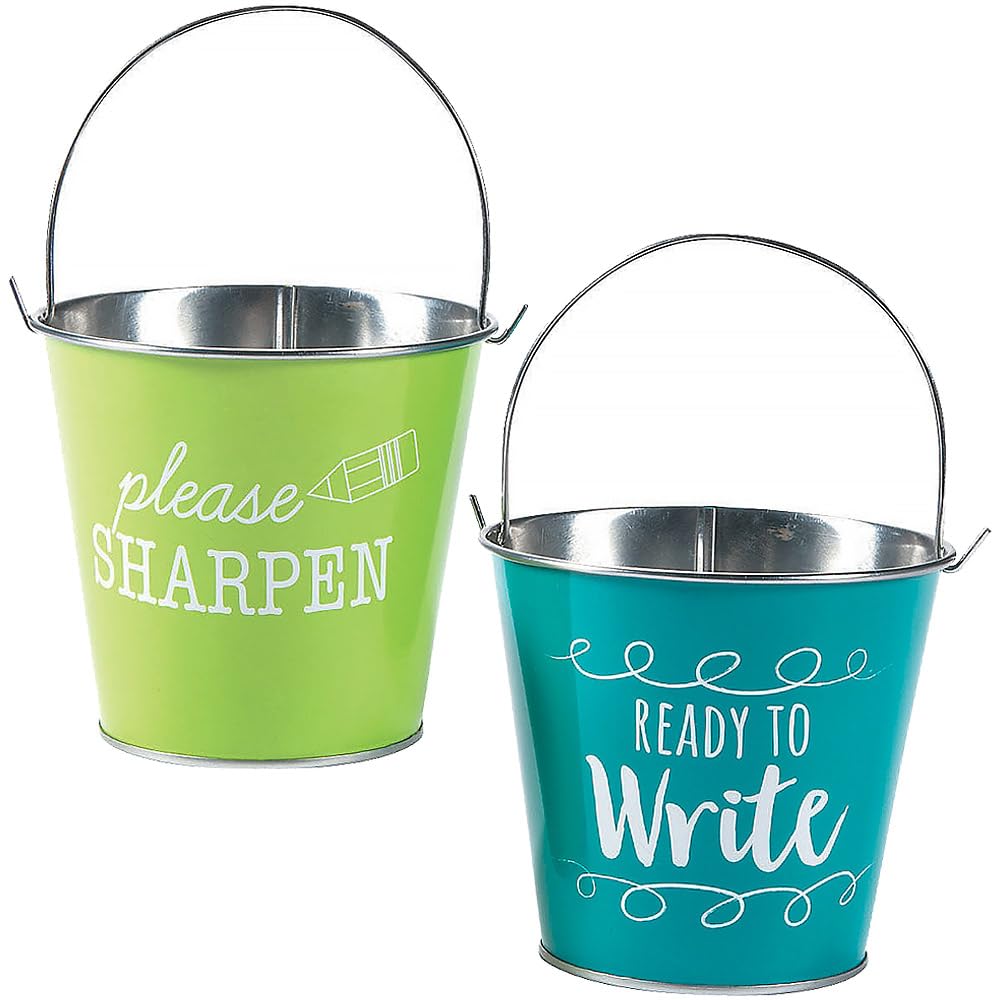Fun Express Sharp & dull pencil holder for classroom 2 Pack Metal pail set - teacher must haves for classroom organization and storage - pencil dispenser for elementary school teacher desk accessories