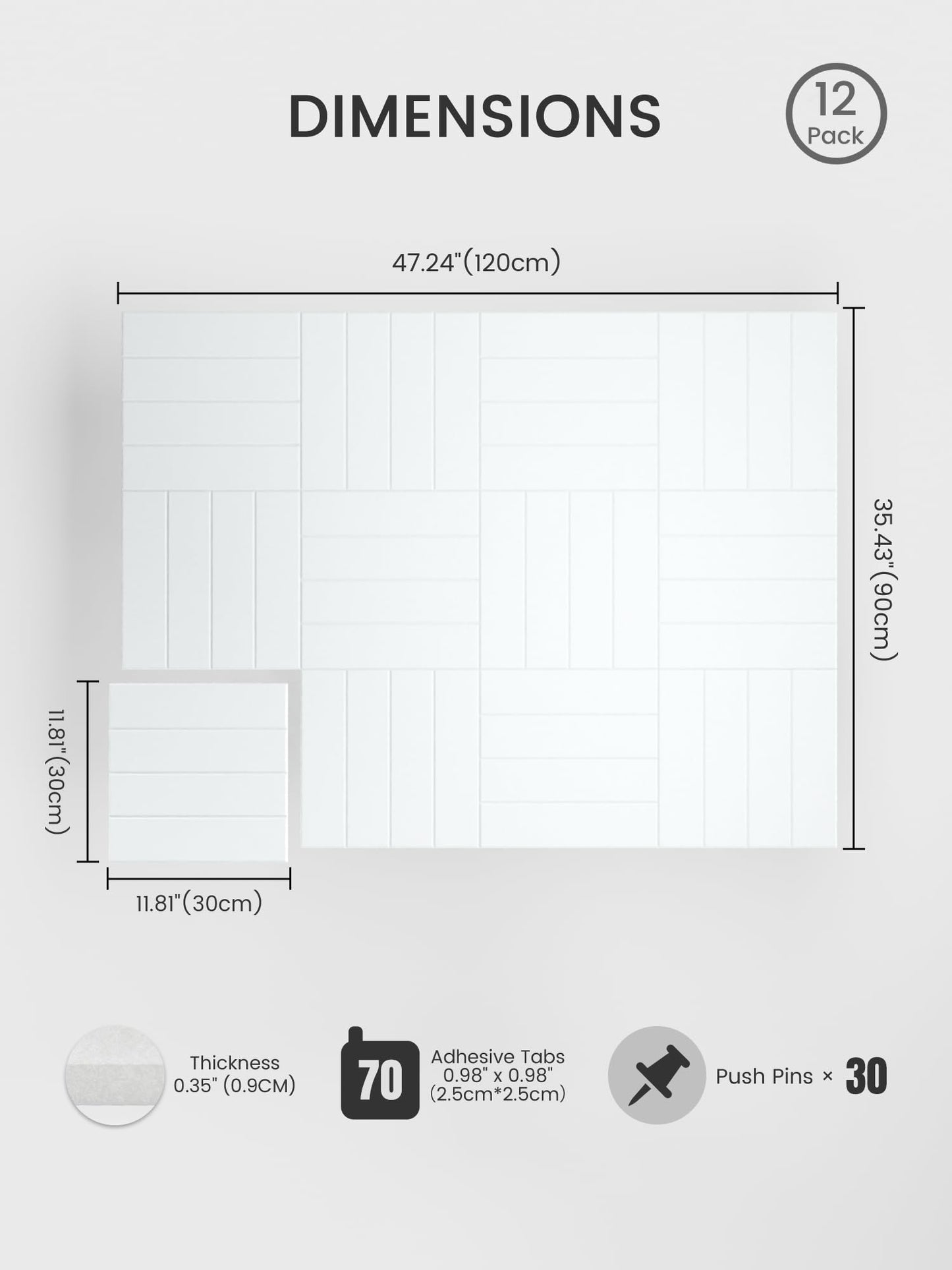 Bumusty Large Cork Board Alternative-48 x 36" Felt Bulletin Board Tiles, with 30 Pushpins, 70 Adhesive Tabs, Bold-Stripe 12-Pack, Cork Boards for Office Push Pin Board Felt Board-Cold White