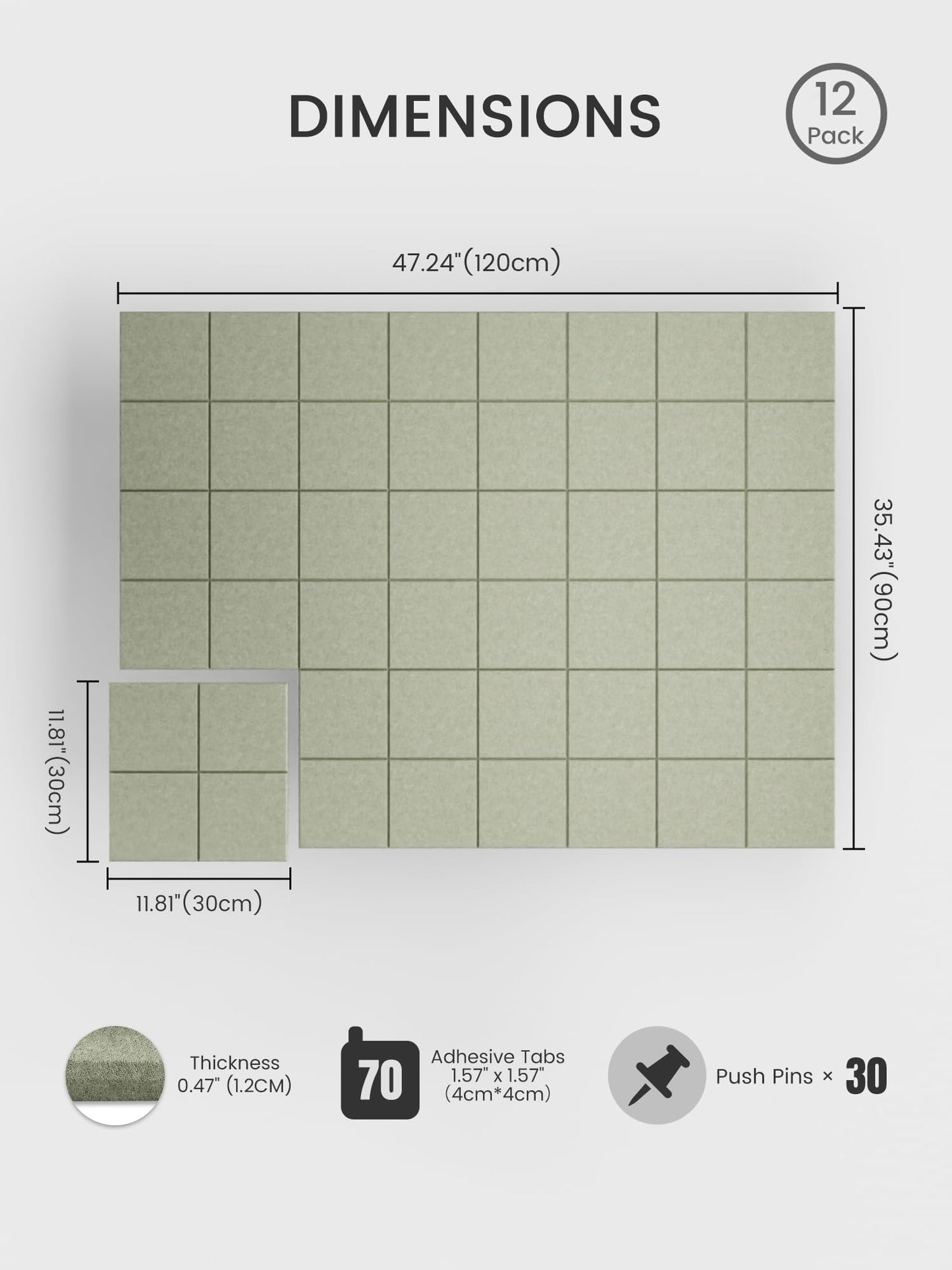 Bumusty Large Felt Bulletin Board, 48" x 36" Cork Board Alternative, 12-Pack Wall Tiles with 4-Compartment Design, 30 Push Pins, 70 Adhesive Tabs, Ideal for Office & Home Decor, Sage
