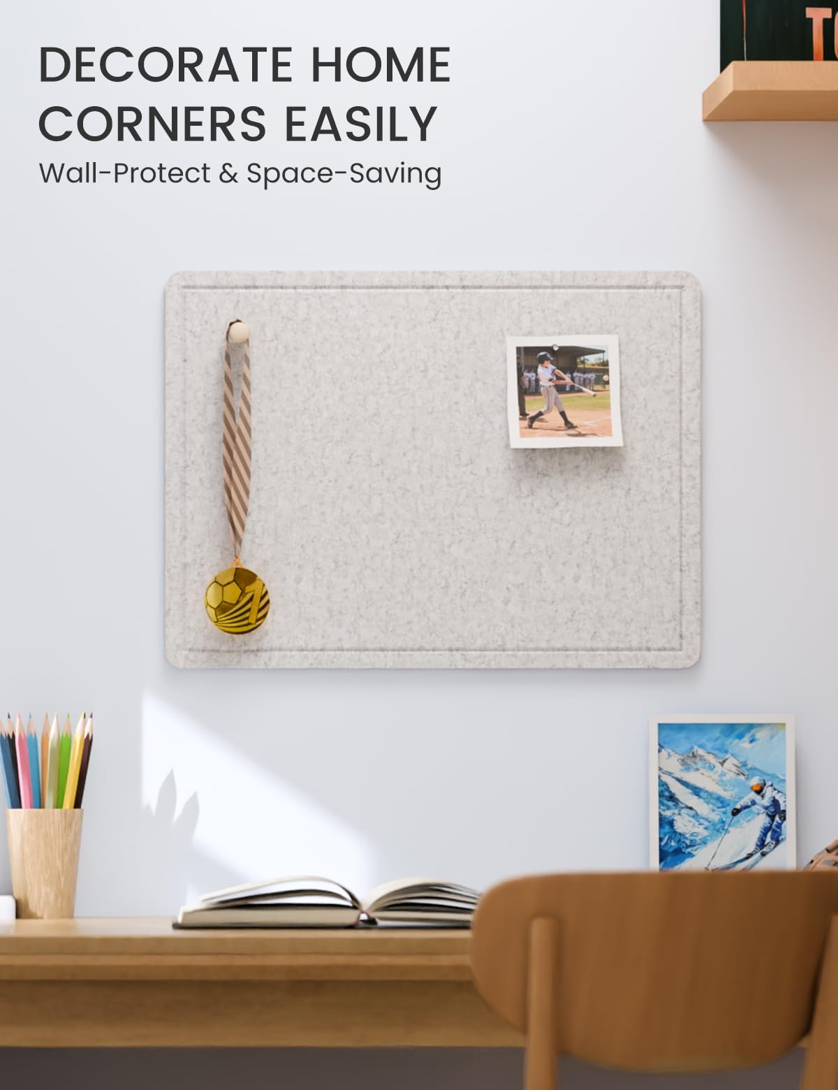Fluxynara Bulletin Board, 23.6" x 17.5" Cork Board Alternative with 12 Safe Removable Adhesive Tabs, Foldable Felt Pin Board for Home Office, Classroom, Bedroom,Entryway for Walls—Light Gray