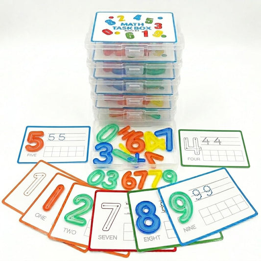 Math Task Boxes Set of 5 Math Manipulatives Themes 230+ Pieces of Number Rods, Base Ten Blocks, Ten Frame Disc Counters, Place Value Blocks, 0-9 Numbers, 3D Shapes, Activity Cards (Numbers)