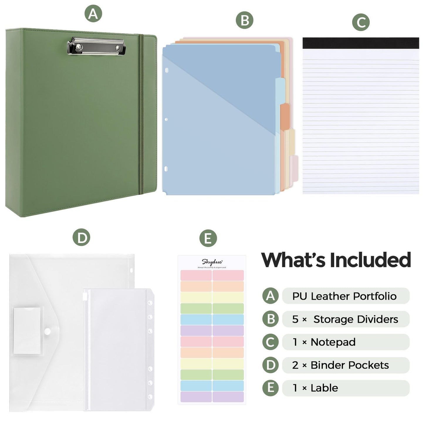 SKYDUE 3 Ring Binder with Clipboard, 2 Inch Binder, PU Clipboard Binder with Notepad & 5 Dividers with 5 Pockets, Labels, Clipboard Folder Great for School Office(Fit Letter Sized Paper)