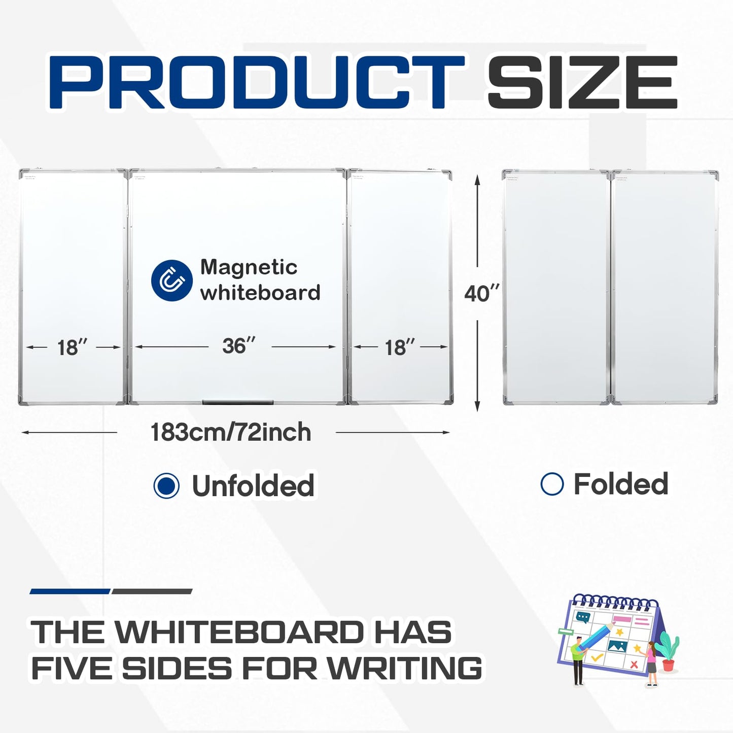 AmazingSpark 72” x 40” Foldable Whiteboard Dry Erase Board Large Tri Folding Whiteboard Magnetic Dry Erase Board, Wall Aluminium Frame and Pen Tray for Office, Home