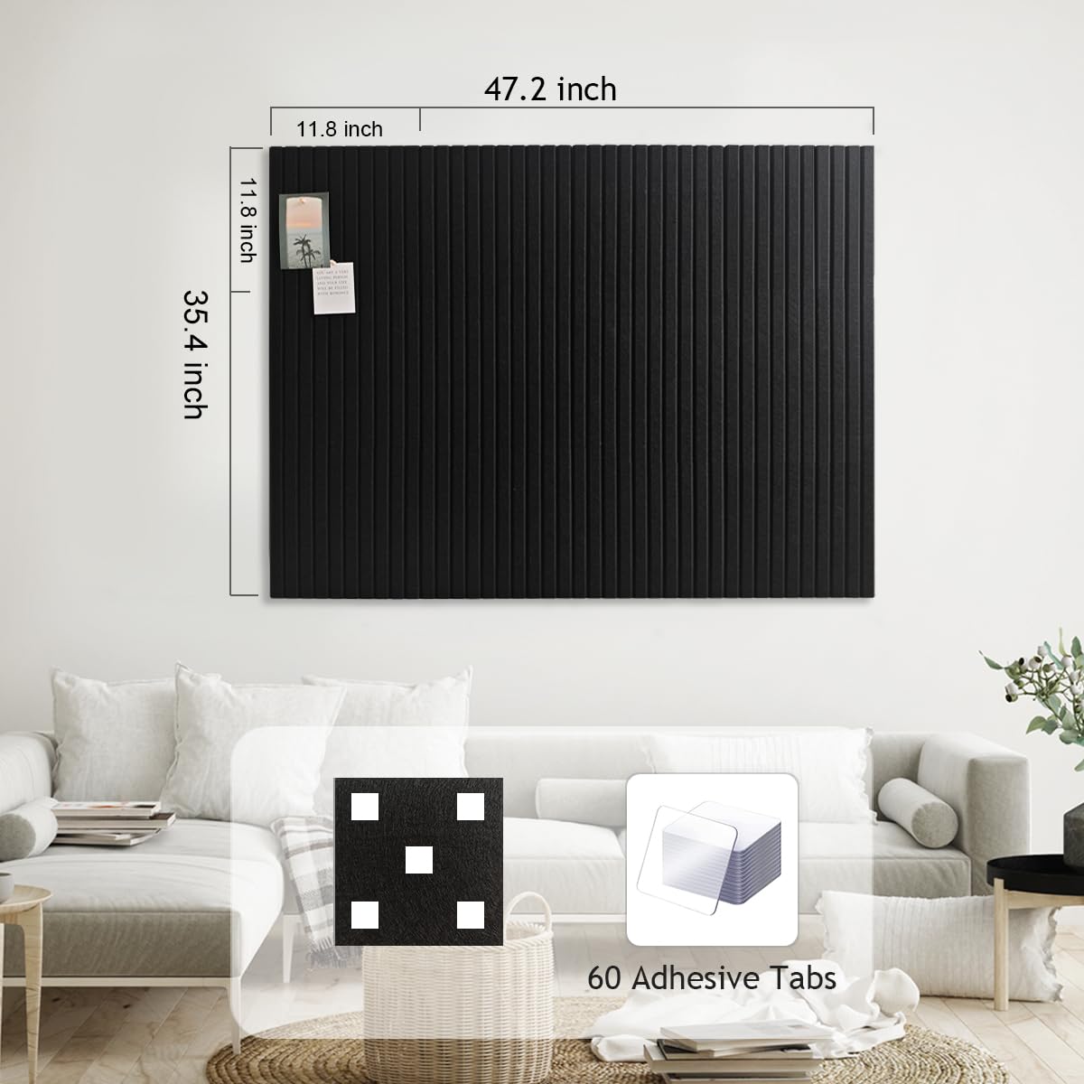 Large Cork Board for Office Decor, 48"x 36" - 1/2” Thick Felt Bulletin Board, 12 Pack Felt Board with Safe Removable Adhesive Tabs, Pin Board Cork Boards for Walls - Black