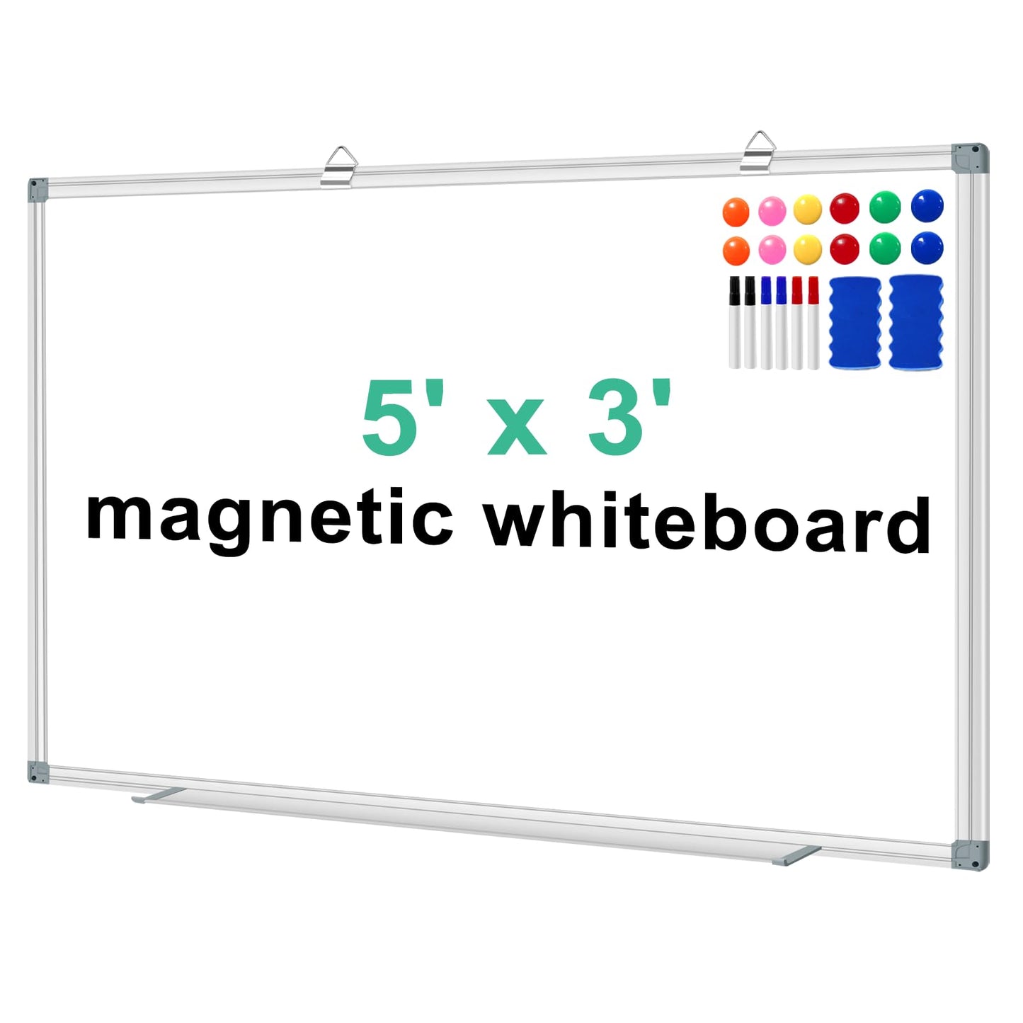 H-Qprobd White Board Dry Erase Boards for Wall 5' x 3' Magnetic Whiteboard - 60"x36" Aluminum Presentation Large Whiteboard with Long Pen Tray, 6 Markers, 2 Erasers &12 Magnets