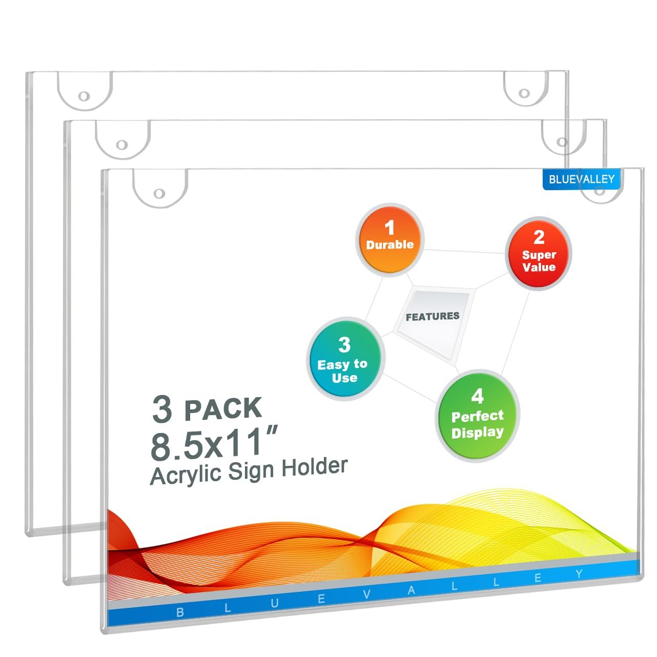 BlueValley 3 Pack Acrylic Wall Sign Holder 8.5x11 Horizontal - Clear Plastic Flyer, Document & Poster Frame for Office, Restaurants, Classrooms, Trade Shows - Wall Mounted Display with Screws & Adhesive Tape