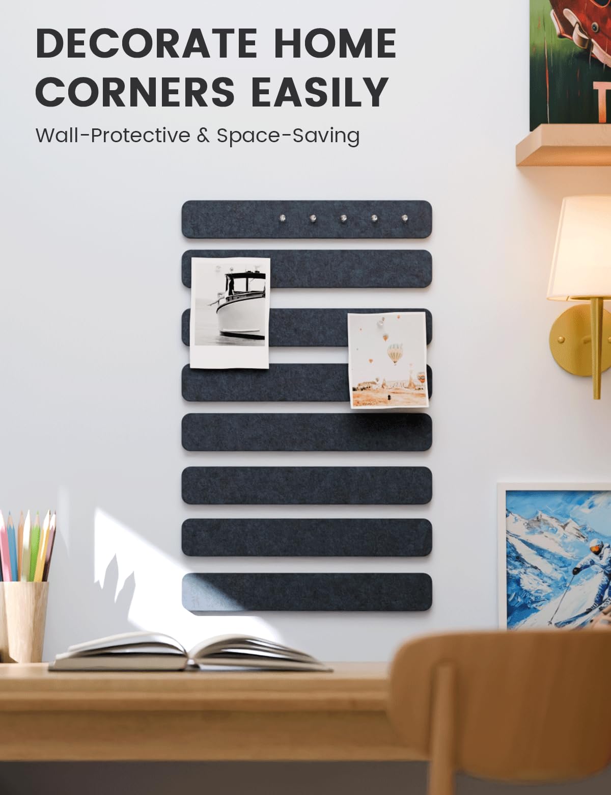 Fluxynara Cork Board Alternative Felt Strip Board 8-Pack 13"x2", Office Pin Board with 50 Push Pins, Adhesive Install for Bedroom Door & Home Office (Midnight Blue)