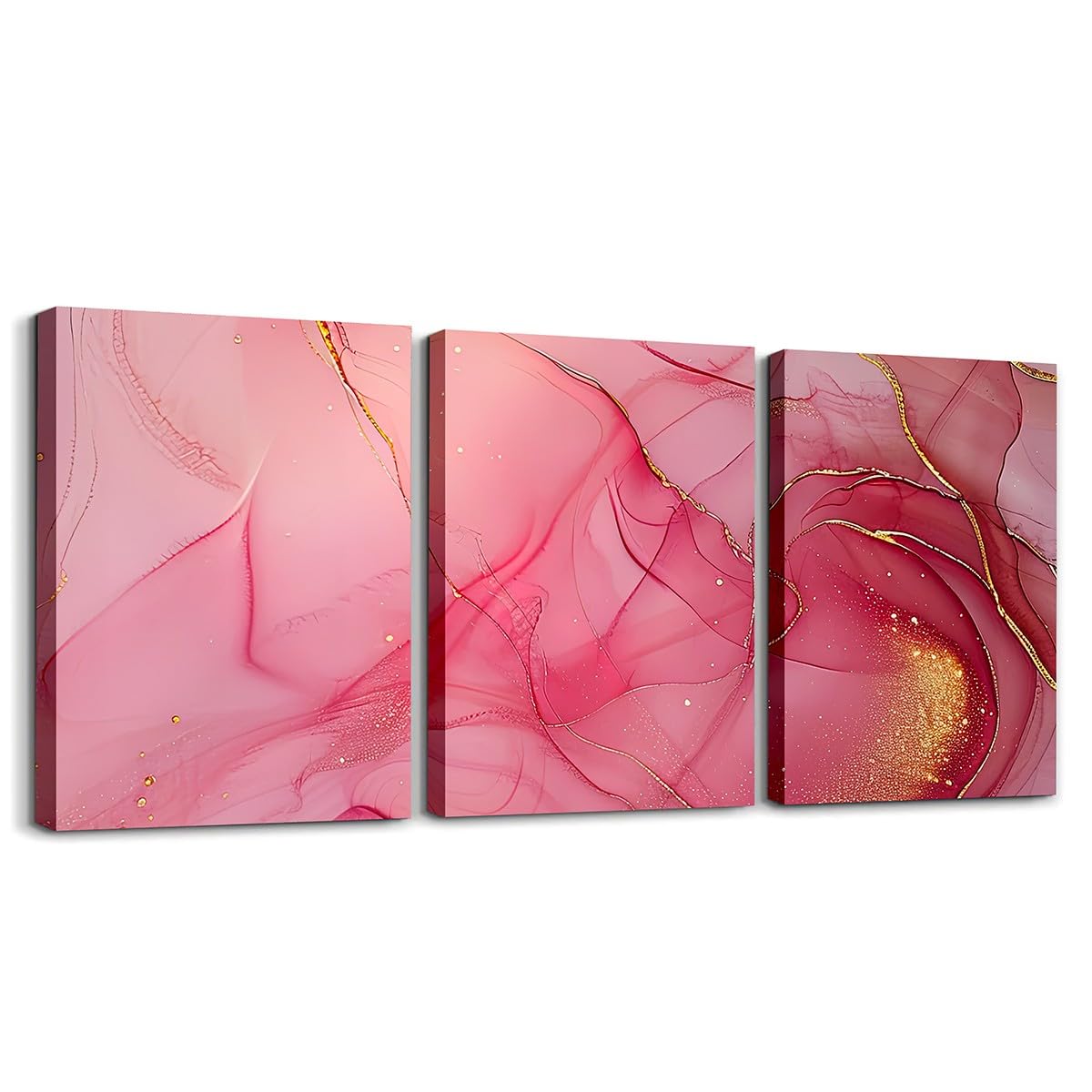 3 Piece Pink Marble Canvas Wall Art for Living Room Bedroom, Pastel Golden Pink Red Paintings Wall Decor Modern Abstract Wall Art Luxury Decor Poster Prints Ombre Artwork Prints