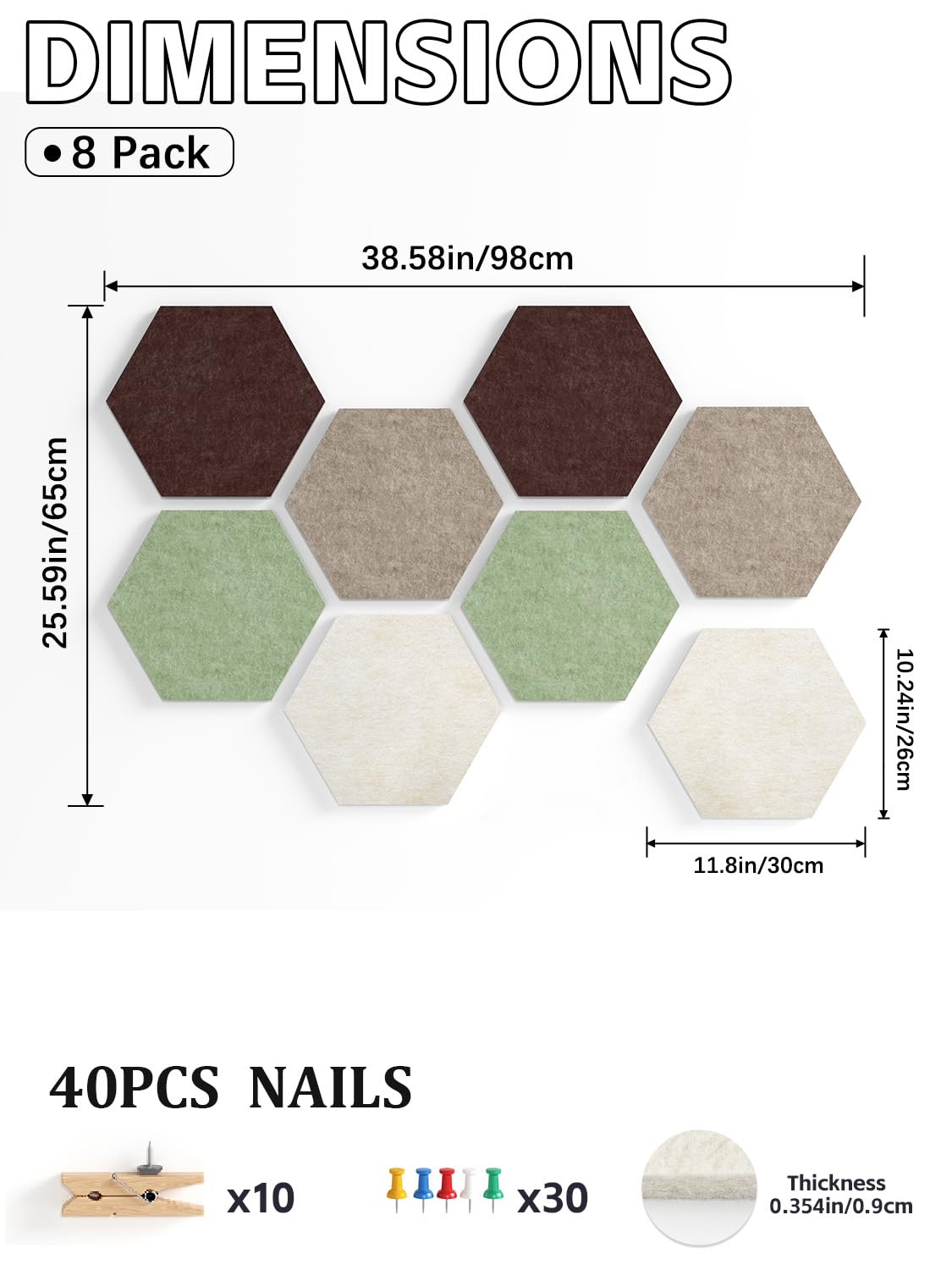 Uoisaiko 8 Pack Hexagon Felt Bulletin Board Tiles - 12" Large Thick Pin Board for Walls with 30 Push Pins, DIY Boards for Office Home School Decor, Aesthetic Hex Cork Board Alternative