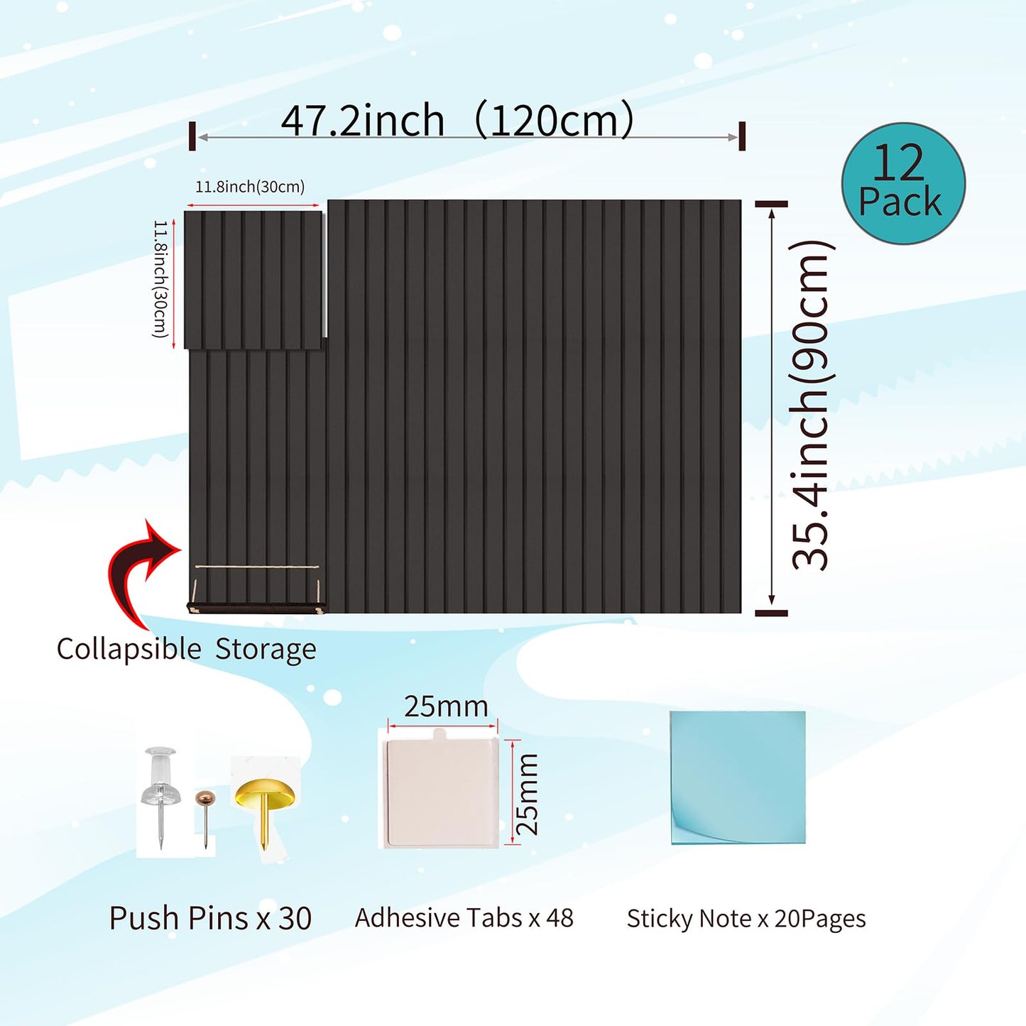 12 Pack Bulletin Boards 48" x 36" Alternative Cork Board for Office,Built-in Storage Device，Large Cork Boards for Walls ， Felt Wall Tiles, Contains Removable Security Stickers and PushPins (V-Black)