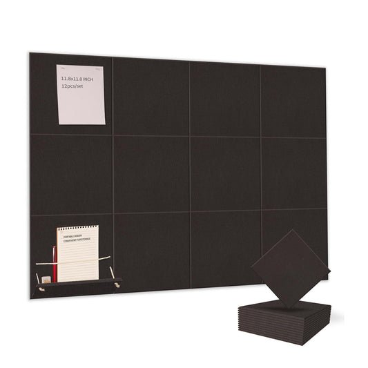 12 Pack Bulletin Boards 48" x 36" Alternative Cork Board for Office,Built-in Storage Device，Large Cork Boards for Walls ， Felt Wall Tiles, Contains Removable Security Stickers and PushPins (F-Black)