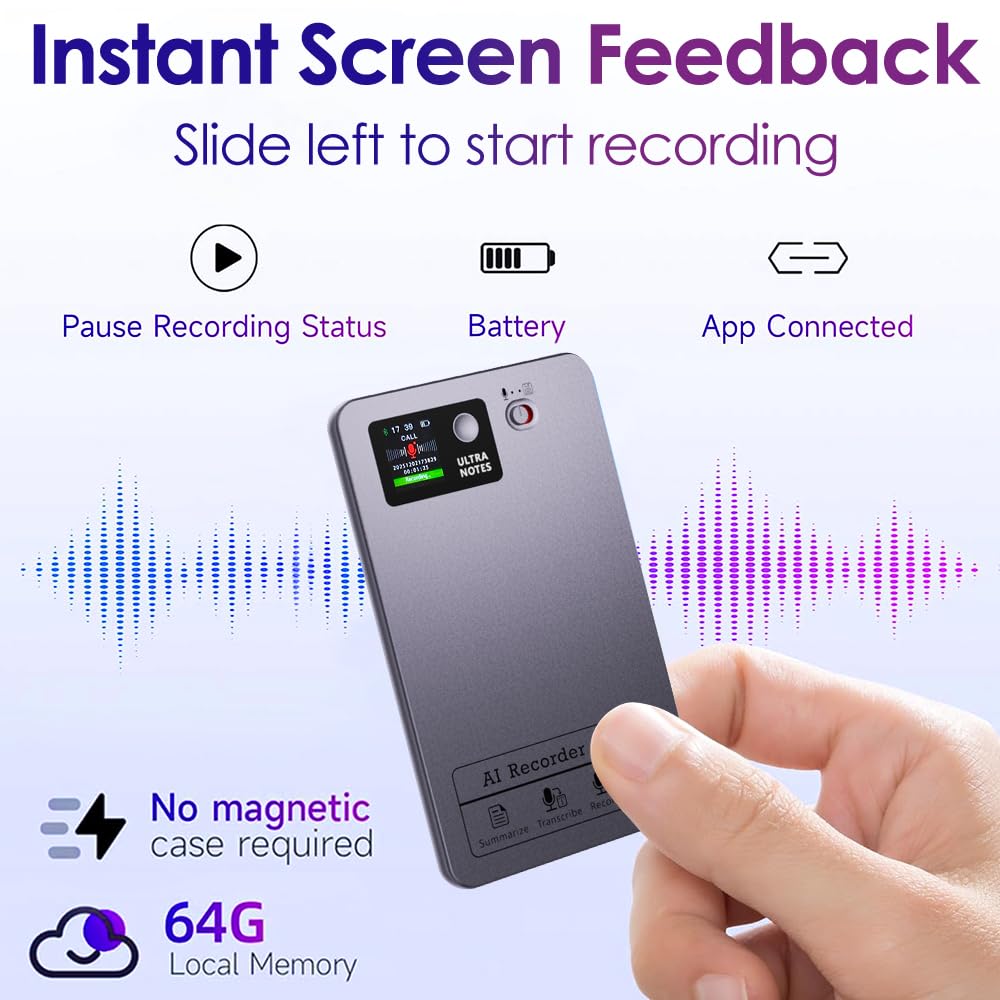 Pocket Digital AI Voice Recorder - AI Note Taking Device, Note Taker Smart Recorder for Lectures, Noise Reduction, Supports 152 Languages, APP Control, 64GB Small Audio Recorders with Transcription