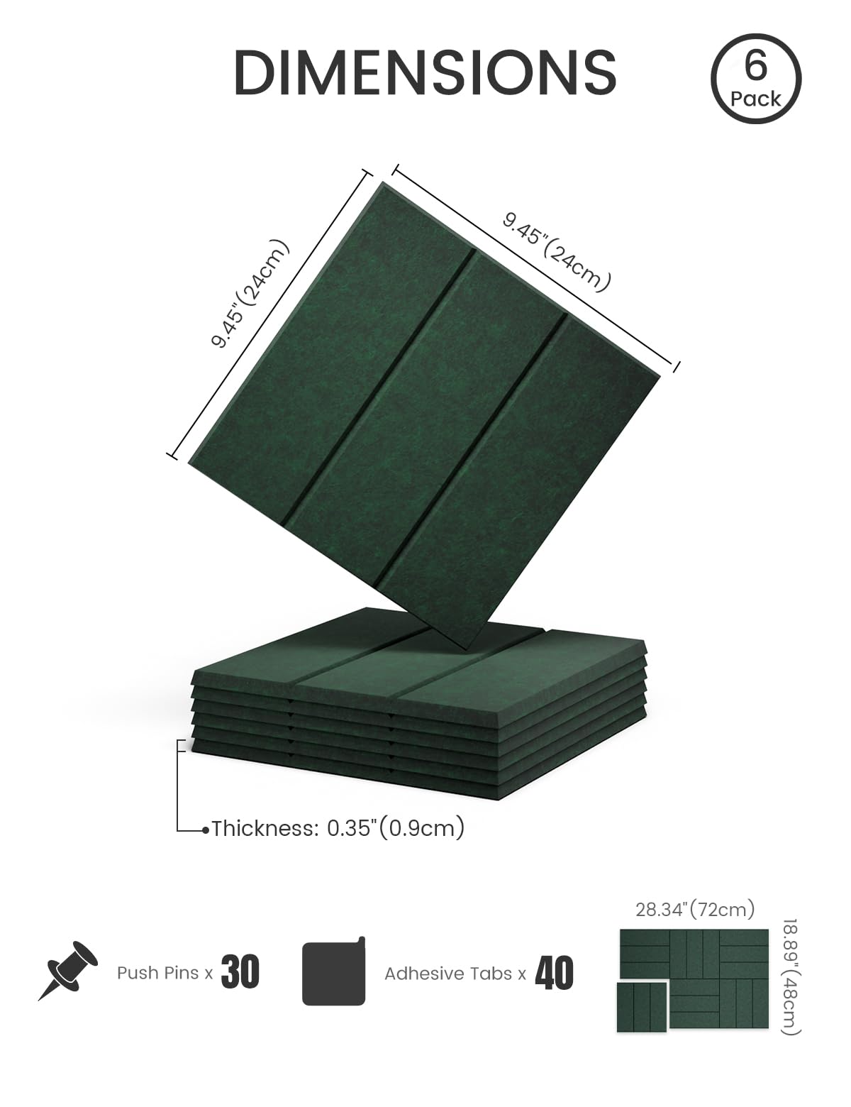 Felt Bulletin Board Tiles -28"x18" with 40 Adhesive Tabs, Cork Board Alternative for Office Decor, Push Pin Board Wall Organizer 6-Pack (Pine Green)