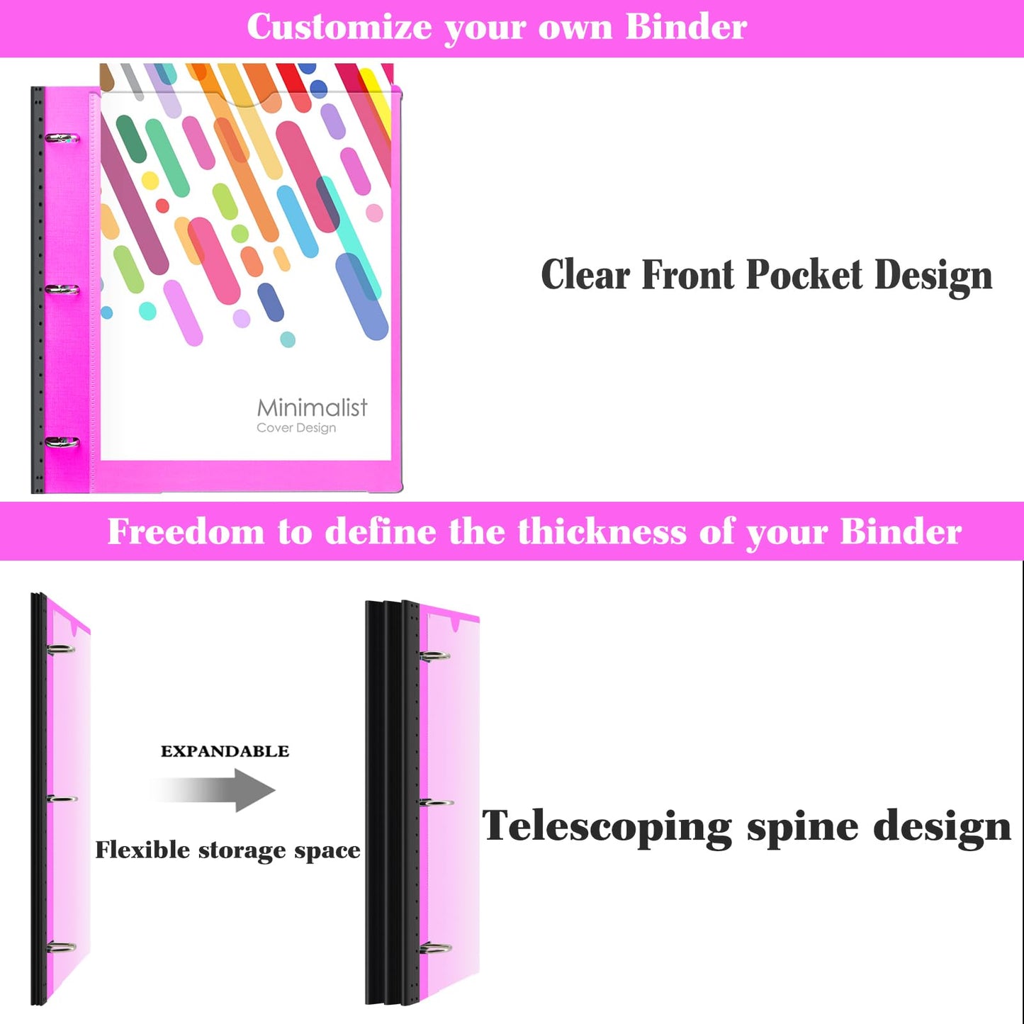 INFUN 1 Inch Telescoping Project Organizer Binder-2PCS,13 Pocket, Customizable Front Cover, 5 Colors Pocket Divider and Plastic Binder Pocket，225 Sheet Capacity-Pink