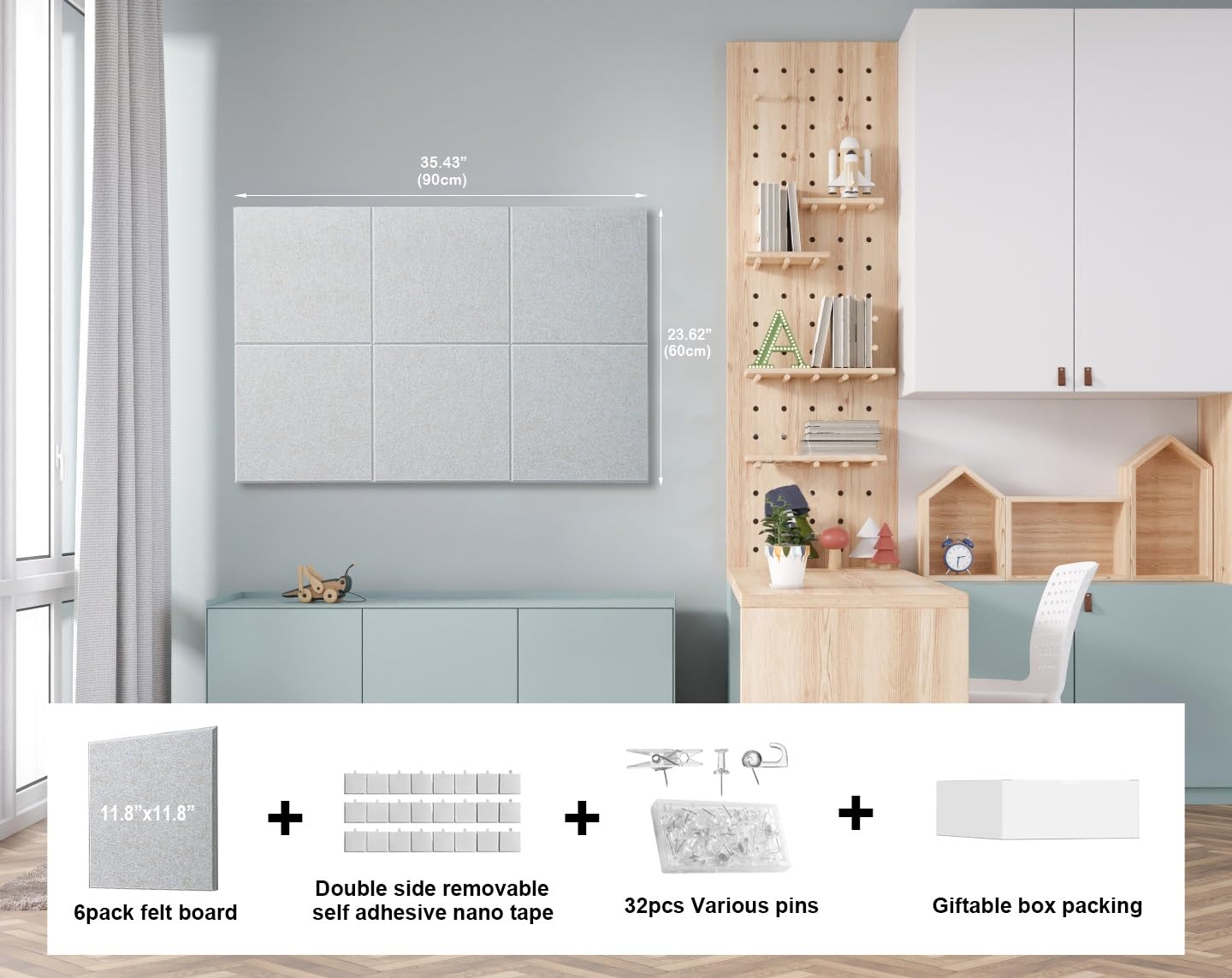 G Gamit Felt Wall Tiles Bulletin Board Large Cork Board Alternative 6 Pack 11.81”x11.81”x0.47” Felt Pin Board Tack Board with Safe Removable Adhesive Tabs for Home Office School 36x24 (Light Camel)