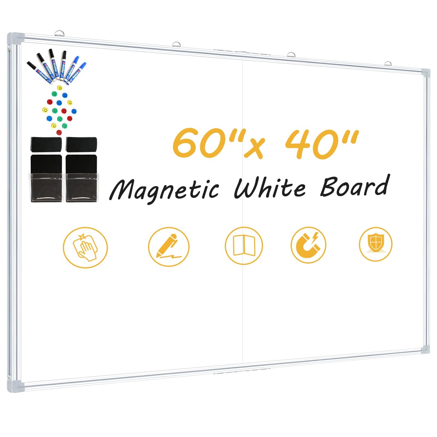 Offi-eqp Magnetic Dry Erase Board 60x40 Inches, Foldable Whiteboard with Silver Frame for Classroom, Office and Home - 5x3.5 Ft, Non-Glare Surface, Full Magnetic Accessory Kit Included