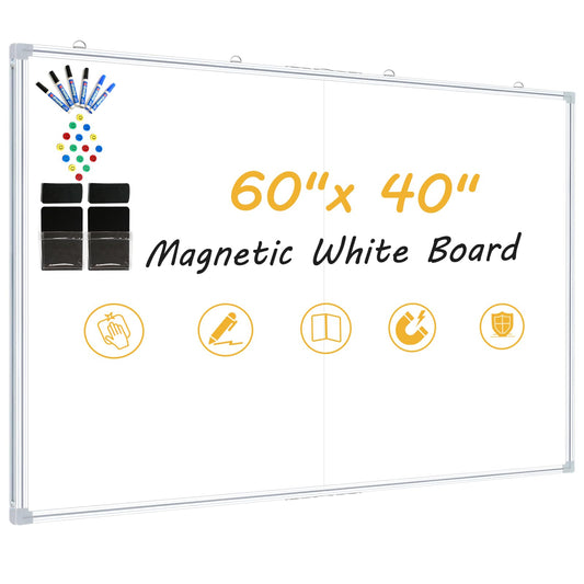 Offi-eqp Magnetic Dry Erase Board 60x40 Inches, Foldable Whiteboard with Silver Frame for Classroom, Office and Home - 5x3.5 Ft, Non-Glare Surface, Full Magnetic Accessory Kit Included