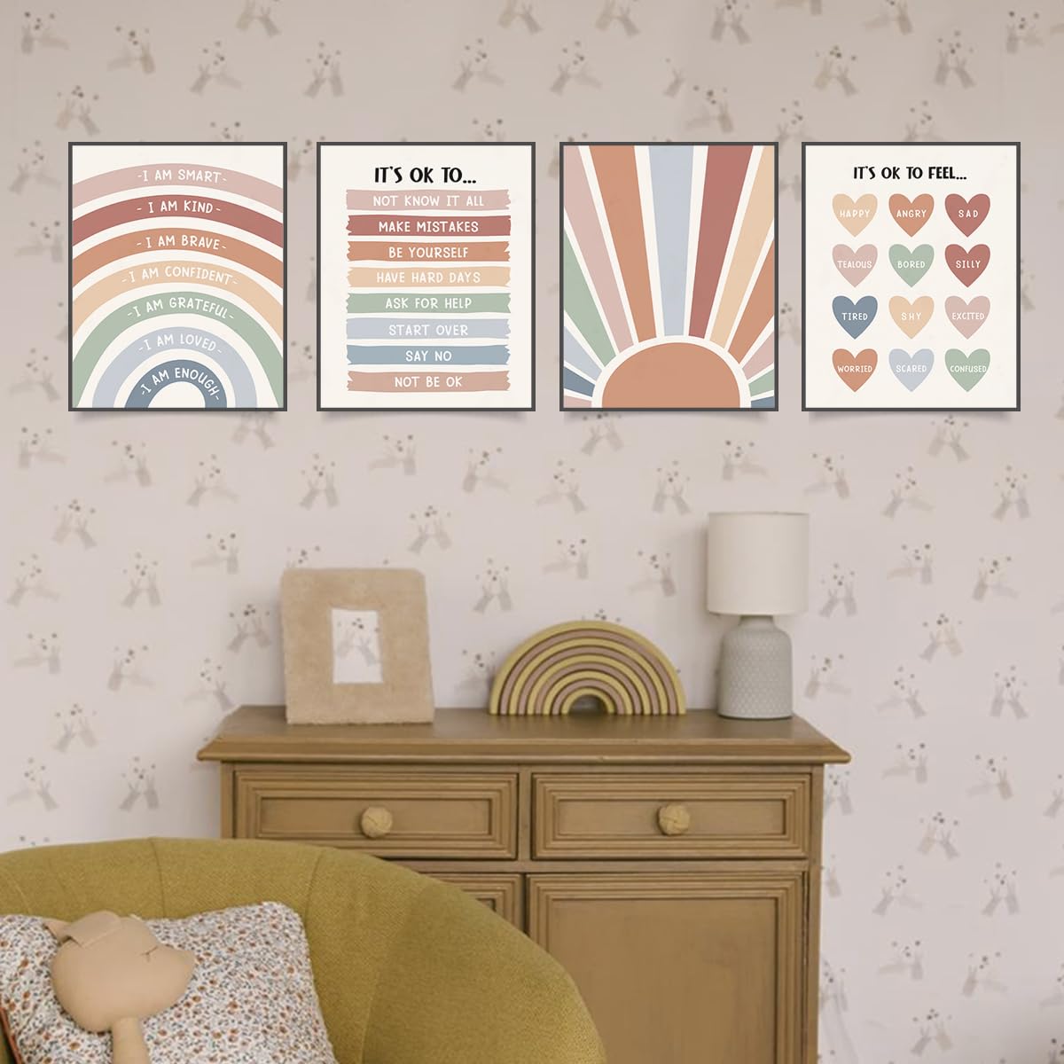 PLKMN Boho Rainbow Wall Art, Positive Affirmations Prints for Kids Room, Nursery, Classroom, Teacher Gifts, 10x8 Inch, Set of 4 Unframed
