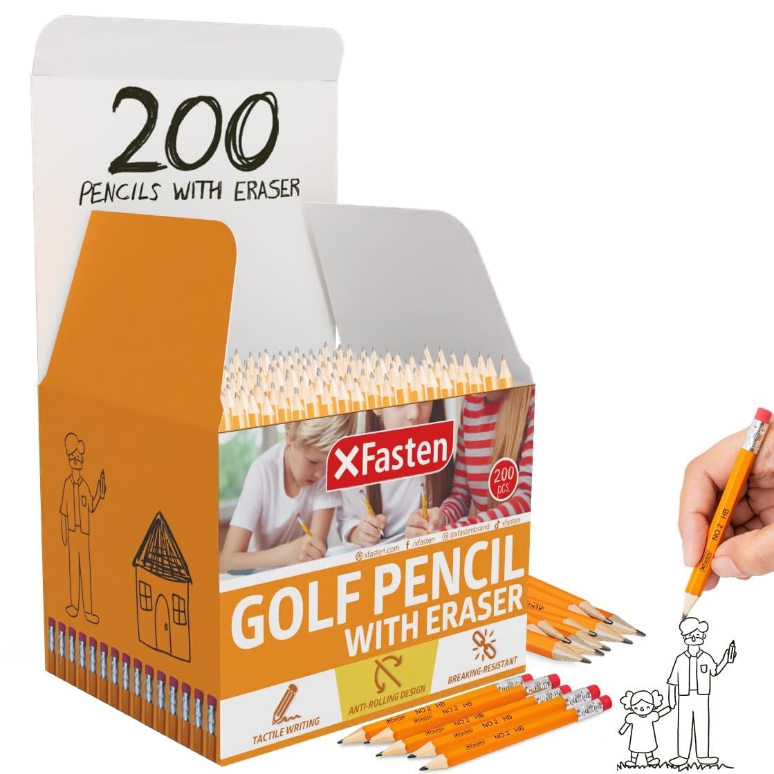 XFasten Golf Pencils with Erasers Bulk, 200-Pack 3.5" #2 HB Pre-Sharpened Easy-to-Grip Half Mini Golf Pencils for Kids, Adults, and School Supplies - Hexagonal, Smooth Writing, and Non-Smudging