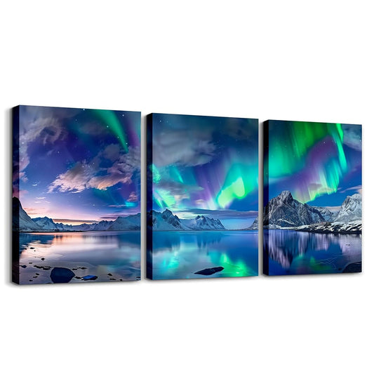 Aurora Canvas Wall Art Set of 3 for Bedroom Living Room, Aurora Scenery Paintings Wall Decor Rustic Farmhouse Style Wall Art for Bathroom Home Decor, Borealis Green Northern Lights Poster Prints