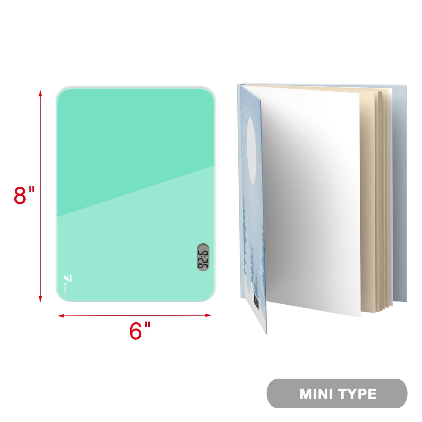 Small Glass Desk Whiteboard Dry-Erase Board with Clock, Small Travel Clock Keychain with Desk Notepad, Time Table Whiteboard for Desk Digital LED Light Display, 8x6 in with Accessories, Turquoise