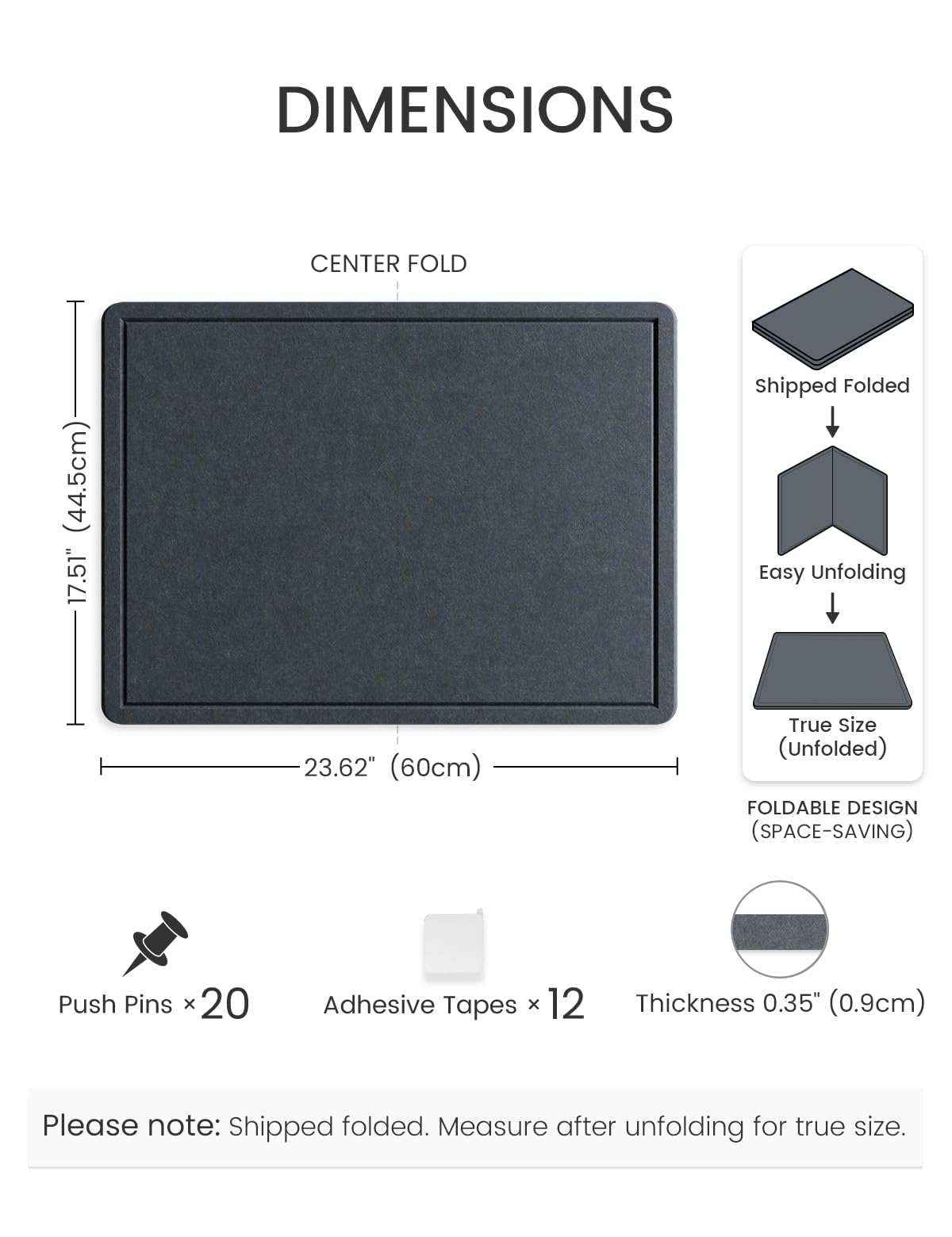 Fluxynara Bulletin Board, 23.6" x 17.5" Cork Board Alternative with 12 Safe Removable Adhesive Tabs, Foldable Felt Pin Board for Home Office, Classroom, Bedroom,Entryway for Walls—Navy Blue