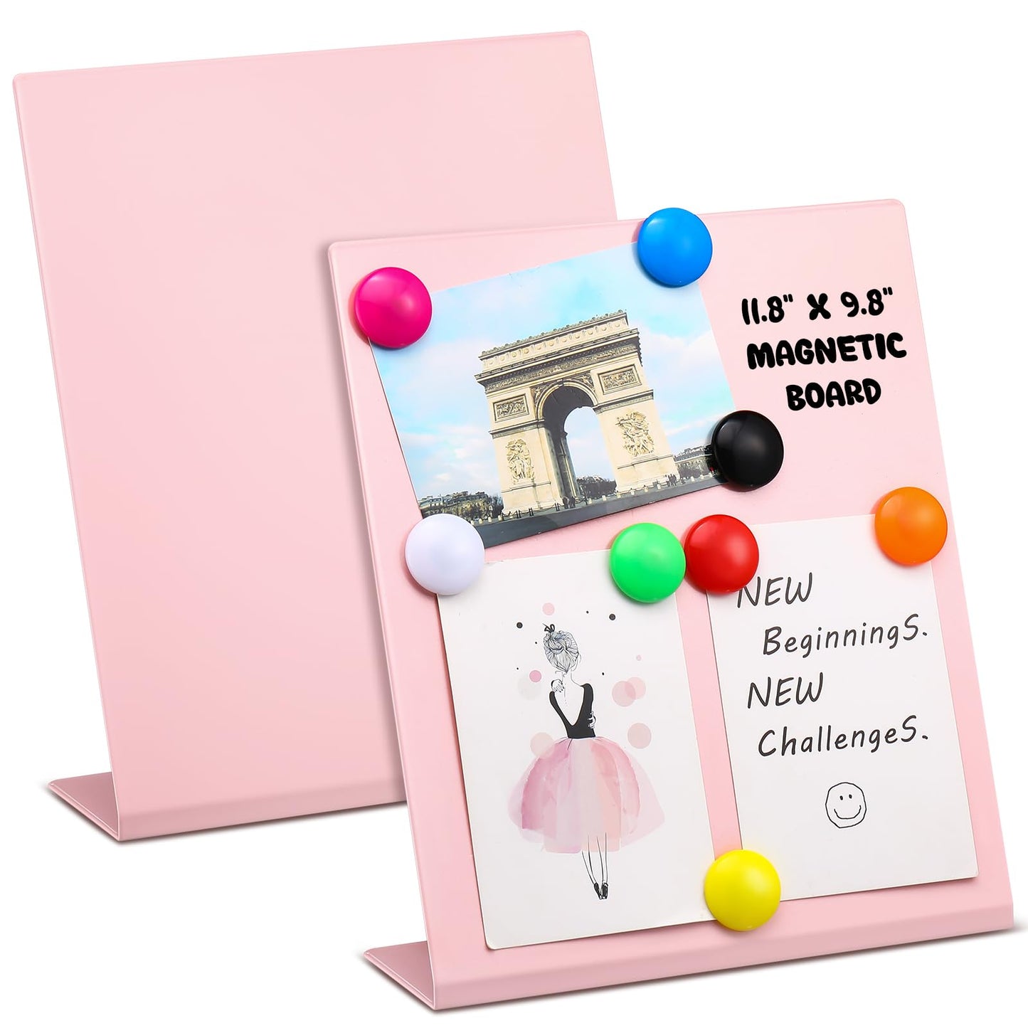 Tosstuki 2 Pack Pink Magnetic Bulletin Board Stand 8 Magnets 11.81 x 9.84 x 3.35 Inch Metal Magnet Display Board Tabletop Memo Display Easel Stand Magnetic for Home School Kitchen Office Photos