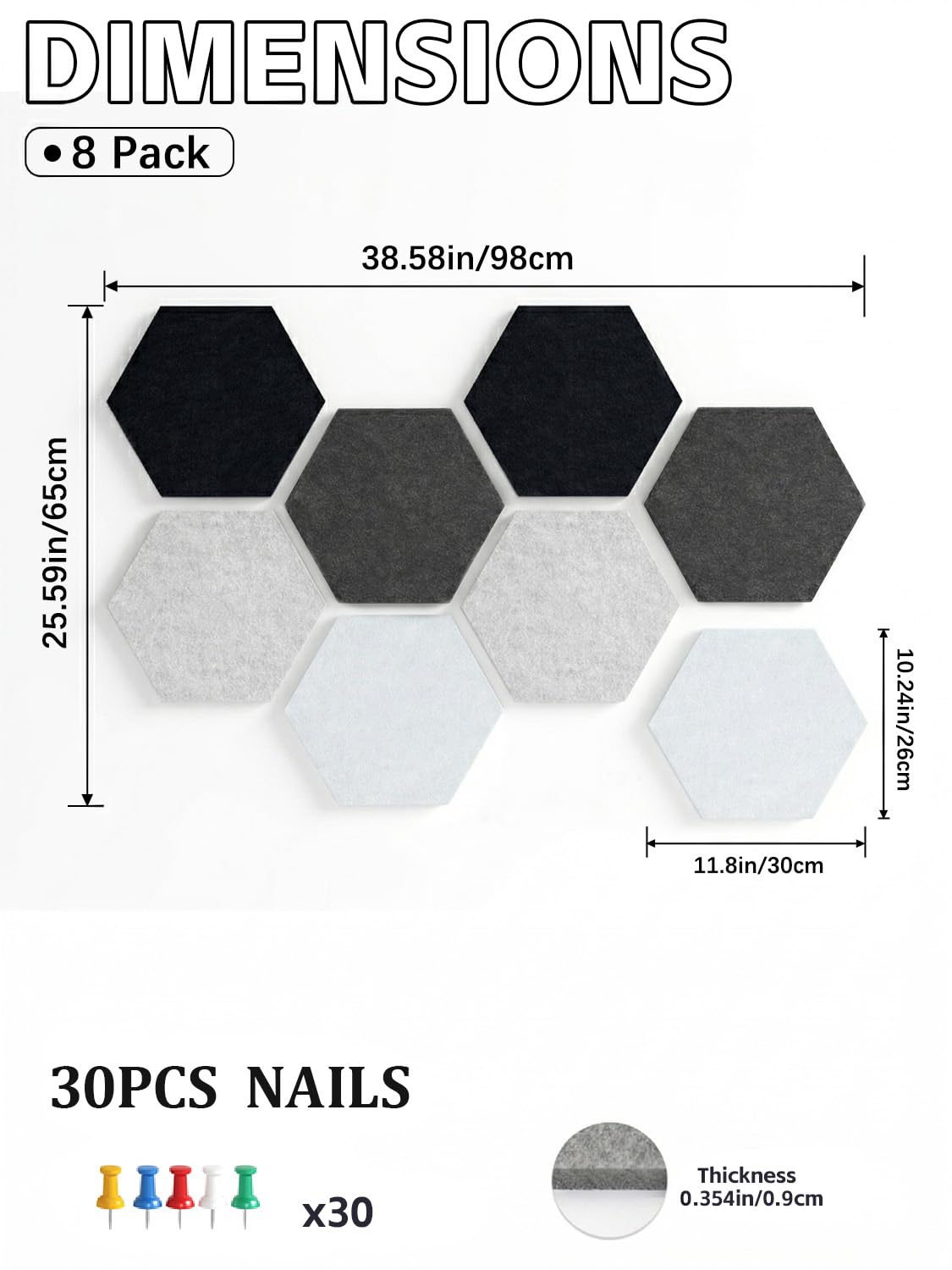 Uoisaiko 8 Pack Hexagon Felt Bulletin Board Tiles - 11.8" Large Thick Pin Board for Walls with 30 Push Pins, DIY Boards for Office Home School Decor, Aesthetic Hex Cork Board Alternative