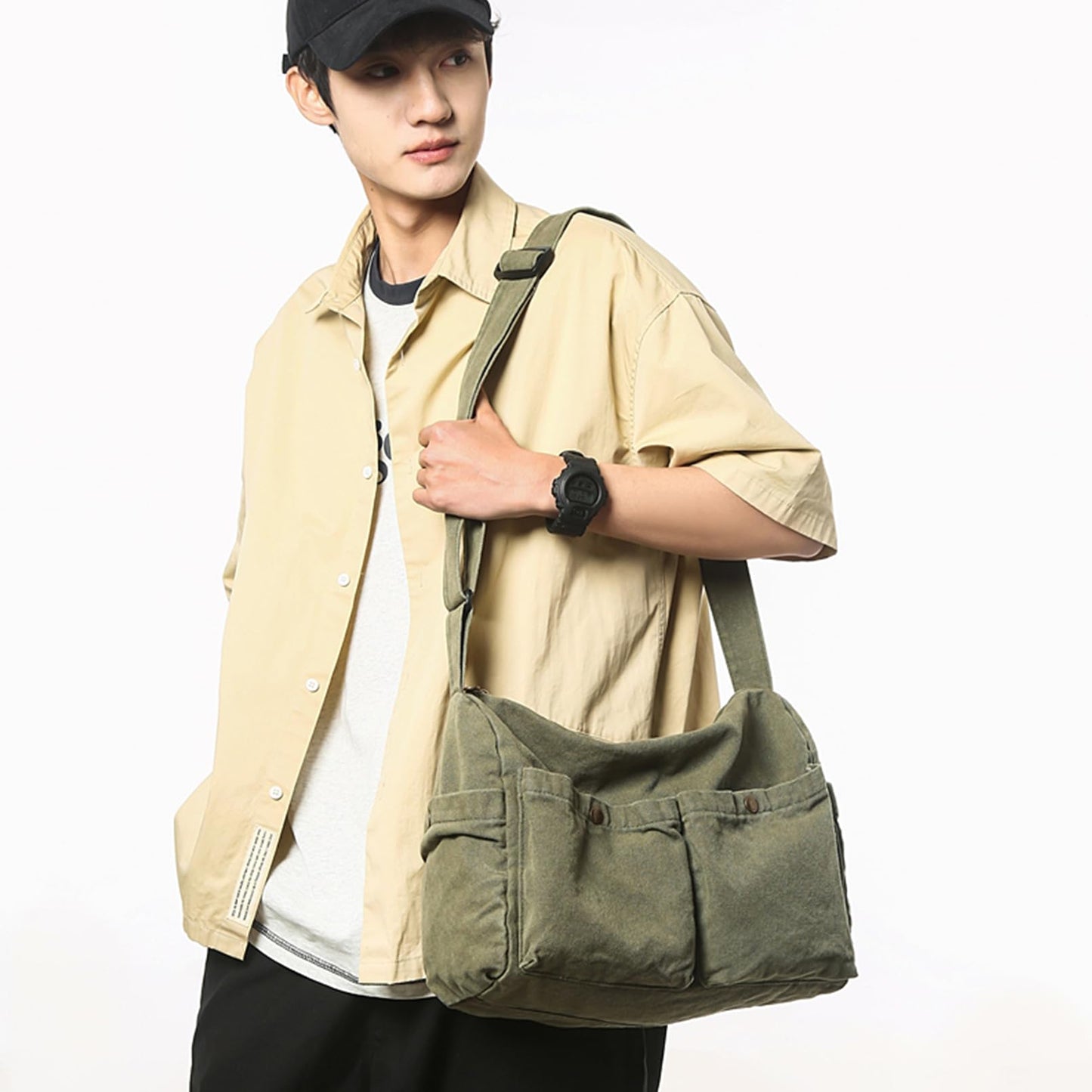 KBTYE Canvas Messenger Bag Cute Crossbody Tote Bag Shoulder for Women Men for School Aesthetic Hobo with Multiple Pockets(Green)