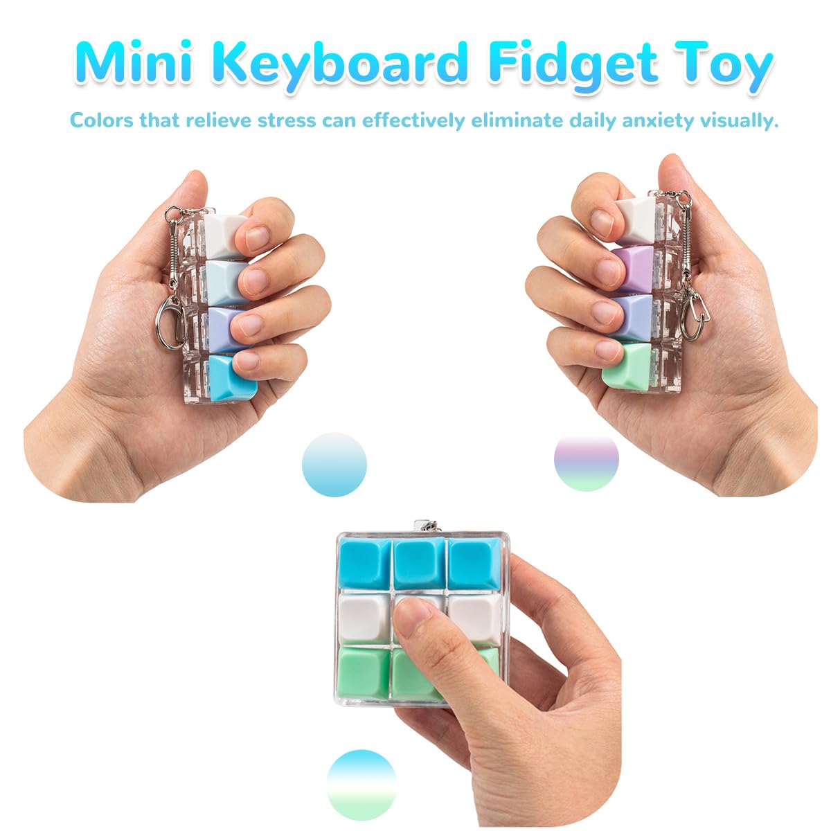 3 Pcs Keyboard Fidget Toy, Blue Green Fidget Keyboard Keychain 4-in-1 Loud Clicker Keyboard Fidget Toy Stress Relief, 9Key Fidget Clicker Toys for Anxiety Decompression (Green)