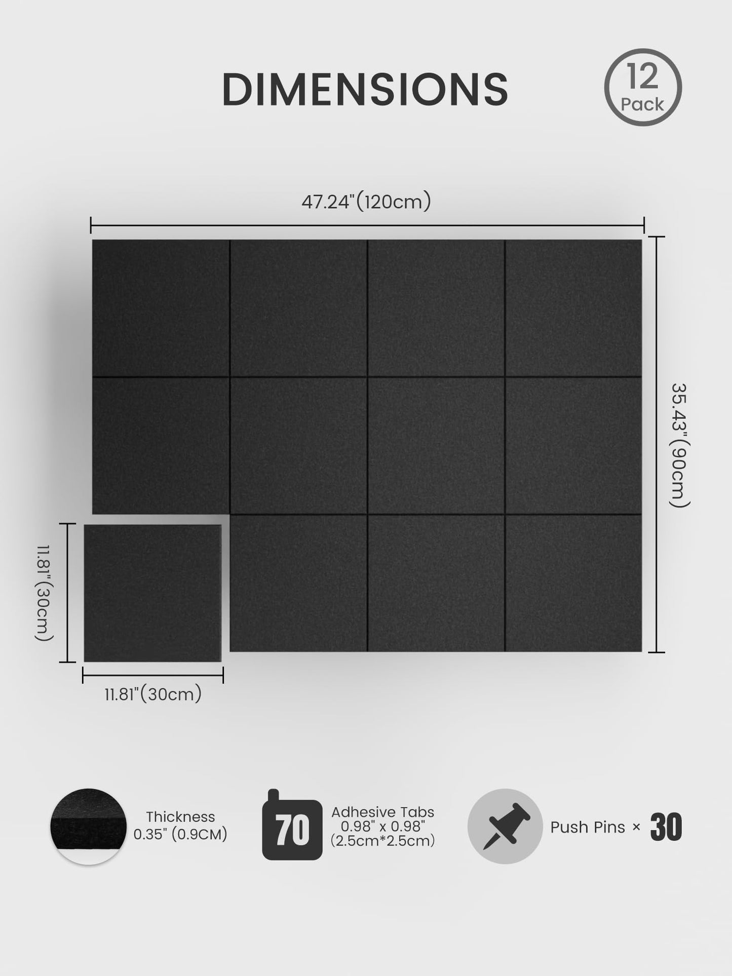 Bumusty Large Cork Board 48" x 36" Alternative - 12 Pack Felt Wall Tiles with 70 Safe Removable Adhesive Tabs, 30 Pushpins, Cork Boards for Walls Pin Board Bulletin Board Office Decor (Black)