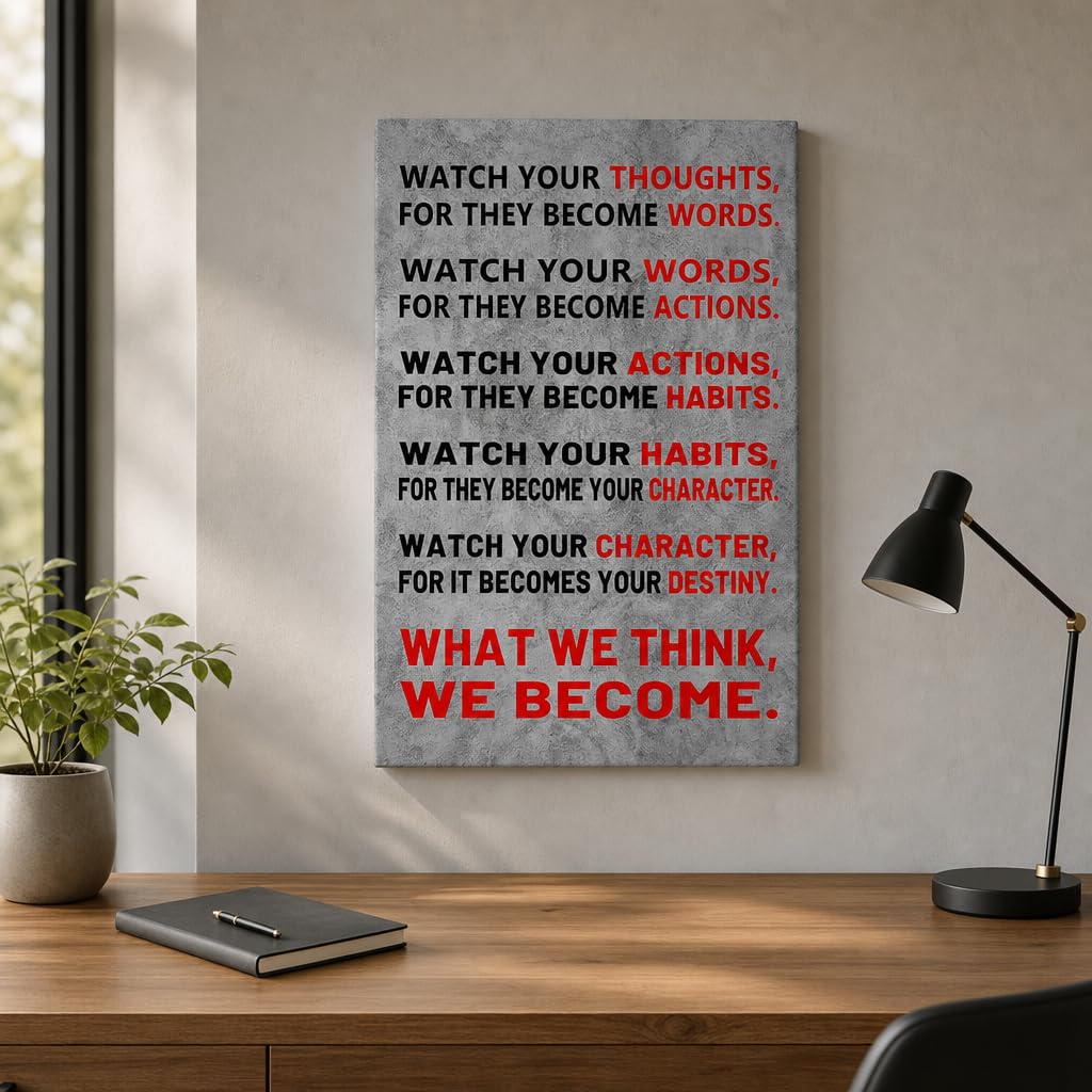 YSPCSUN Inspirational Posters for Office Watch Your Thoughts Quote, Gray Red Canvas Wall Decor for Home Office Dorm Classroom, Single Panel Framed Canvas Poster, 24x18 Inch