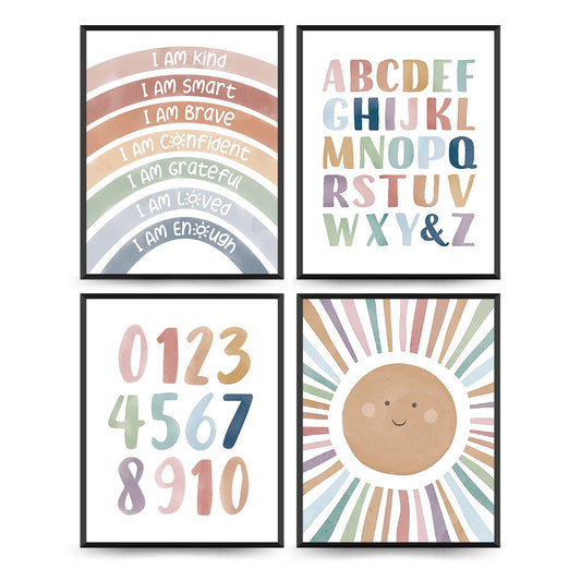 PLKMN Boho Classroom Decor Set of 4, Calming Corner Posters for Playroom, Nursery, Classroom Counseling, 8x10 Inch, Unframed
