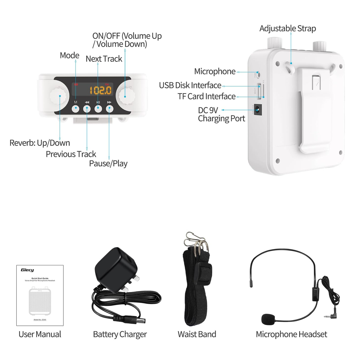 Giecy 30W Portable Voice Amplifier with Wired Microphone Headset, 2800mAh Rechargeable PA System Speaker Personal Microphone Speech Power Amplifiers Loudspeaker for Teachers/Metting/Tour Guide