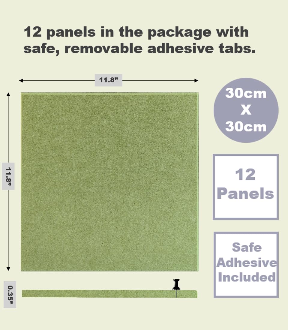 DECORITA Felt Wall Tiles | Large Cork Board Alternative | Aesthetic Felt Bulletin Board for Office, Home & Classroom | Large Cork Boards for Walls Pinboard (12-Pack) | Spring Green
