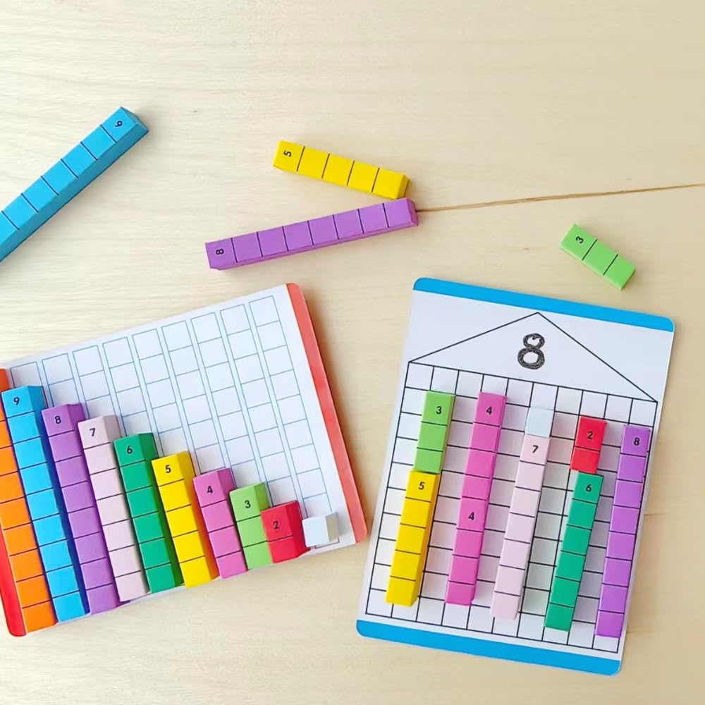 Math Task Boxes Set of 5 Math Manipulatives Themes 230+ Pieces of Number Rods, Base Ten Blocks, Ten Frame Disc Counters, Place Value Blocks, 0-9 Numbers, 3D Shapes, Activity Cards (Number Rods)