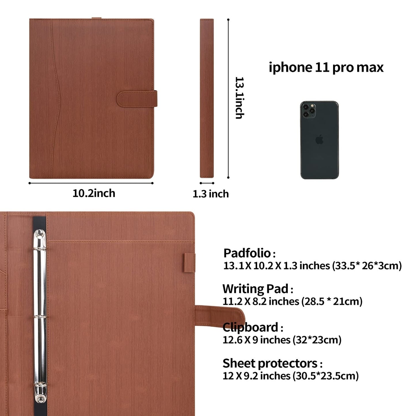 Wonderpool A4 PU Leather Portfolio Holder Ring File Document Case with Removable Binder Clipboard, Multi Pocket and Legal Pad for Business Organizer Interview and Meeting (Brown)