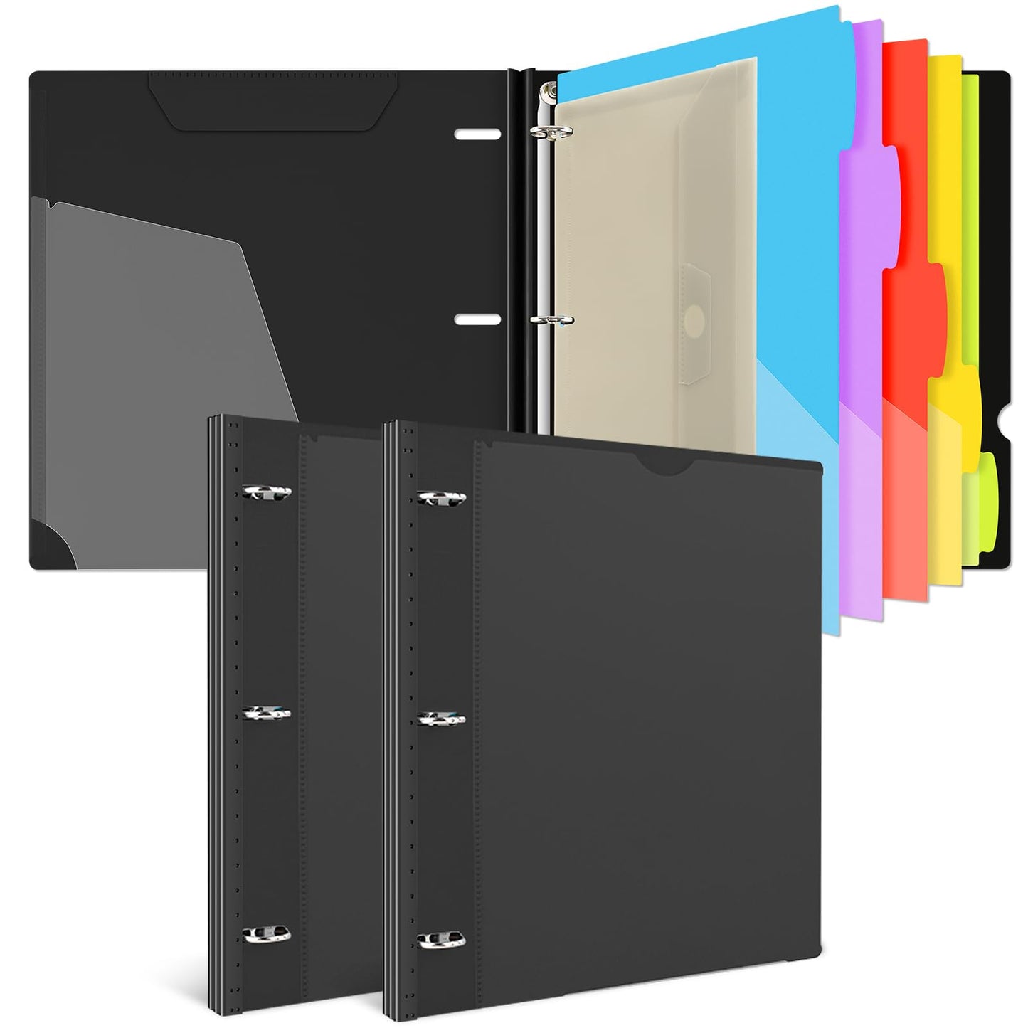 INFUN 1 Inch Telescoping Project Organizer Binder-2PCS,13 Pocket, Customizable Front Cover, 5 Colors Pocket Divider and Plastic Binder Pocket，225 Sheet Capacity-Black