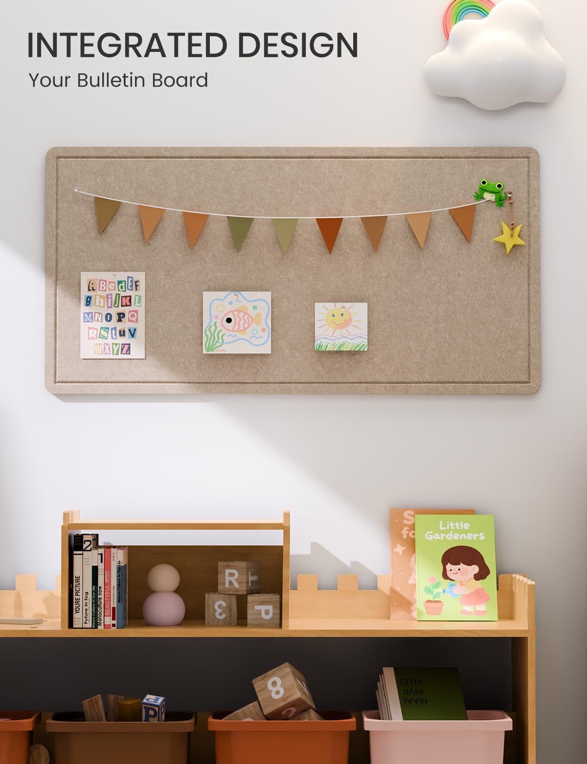 Fluxynara Bulletin Board, 35" x 17.5" Cork Board Alternative with 12 Safe Removable Adhesive Tabs, Foldable Felt Pin Board for Home Office, Classroom, Bedroom,Entryway for Walls—Taupe