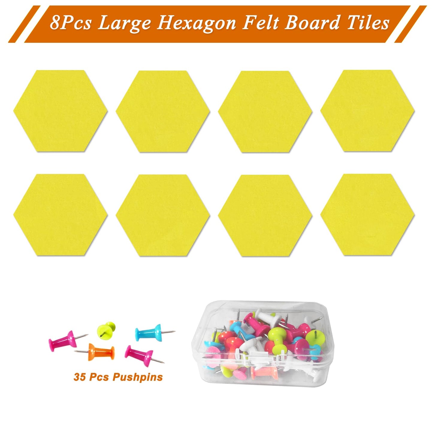 HULAVO Large Hexagon Felt Cork Board Tiles, Self Adhesive DIY Felt Bulletin Board Pin Board with 35 Pushpins for Office School Home Wall Decor Stickers Memos Photos Display(Yellow)