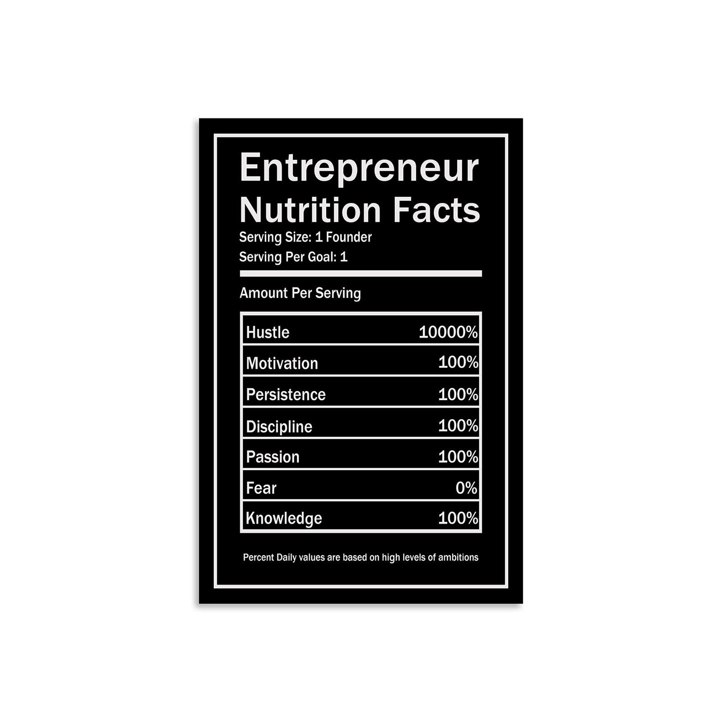 Entrepreneur Nutrition Facts Canvas Wall Art Motivational Quotes Poster Inspiring Entrepreneurship Hustle and Bustle Success Pictures Printed Artwork Office Home Decor Ready to Hang[12''W X 18''H]
