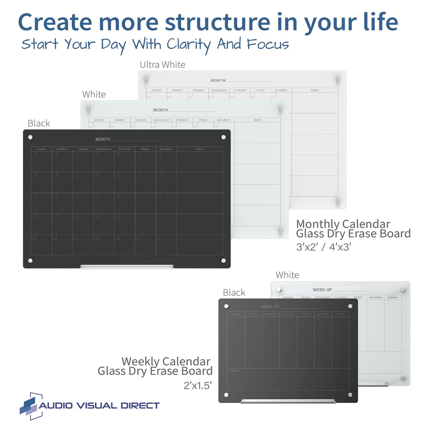 Audio-Visual Direct Magnetic Black 7 Day Calendar Glass Dry-Erase Board Set - 2' x 1.5' - for Wall - Weekly Planner
