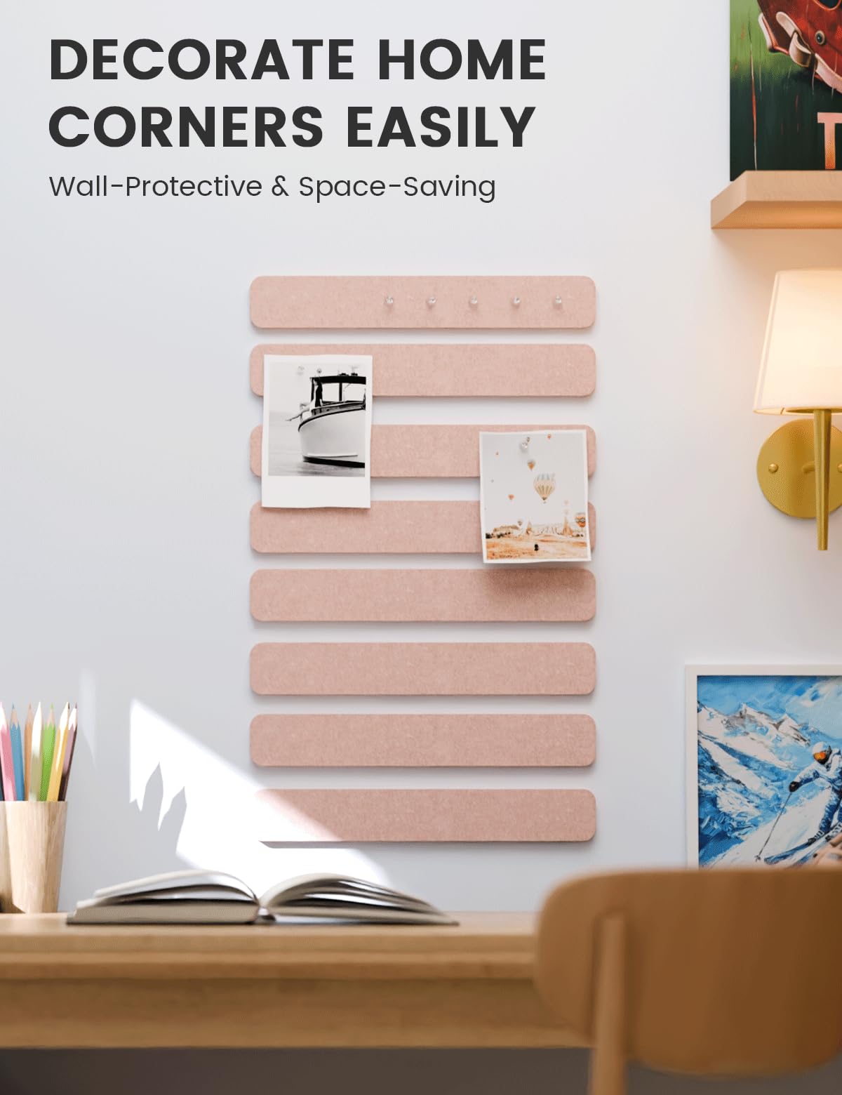 Fluxynara Cork Board Alternative Felt Strip Board 8-Pack 13"x2", Office Pin Board with 50 Push Pins, Adhesive Install for Bedroom Door & Home Office (Pink)