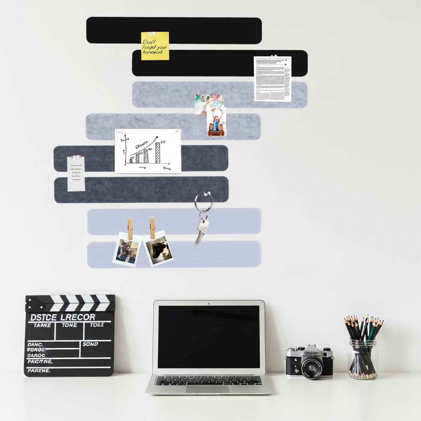 Vuzvuv 8 pcs Bulletin Board Bar Strips No Adhesive Backing with Glue Points ，Self Adhesive Cork Board for Wall，Felt Pin Board for School，Office Decor(Black White Grey)