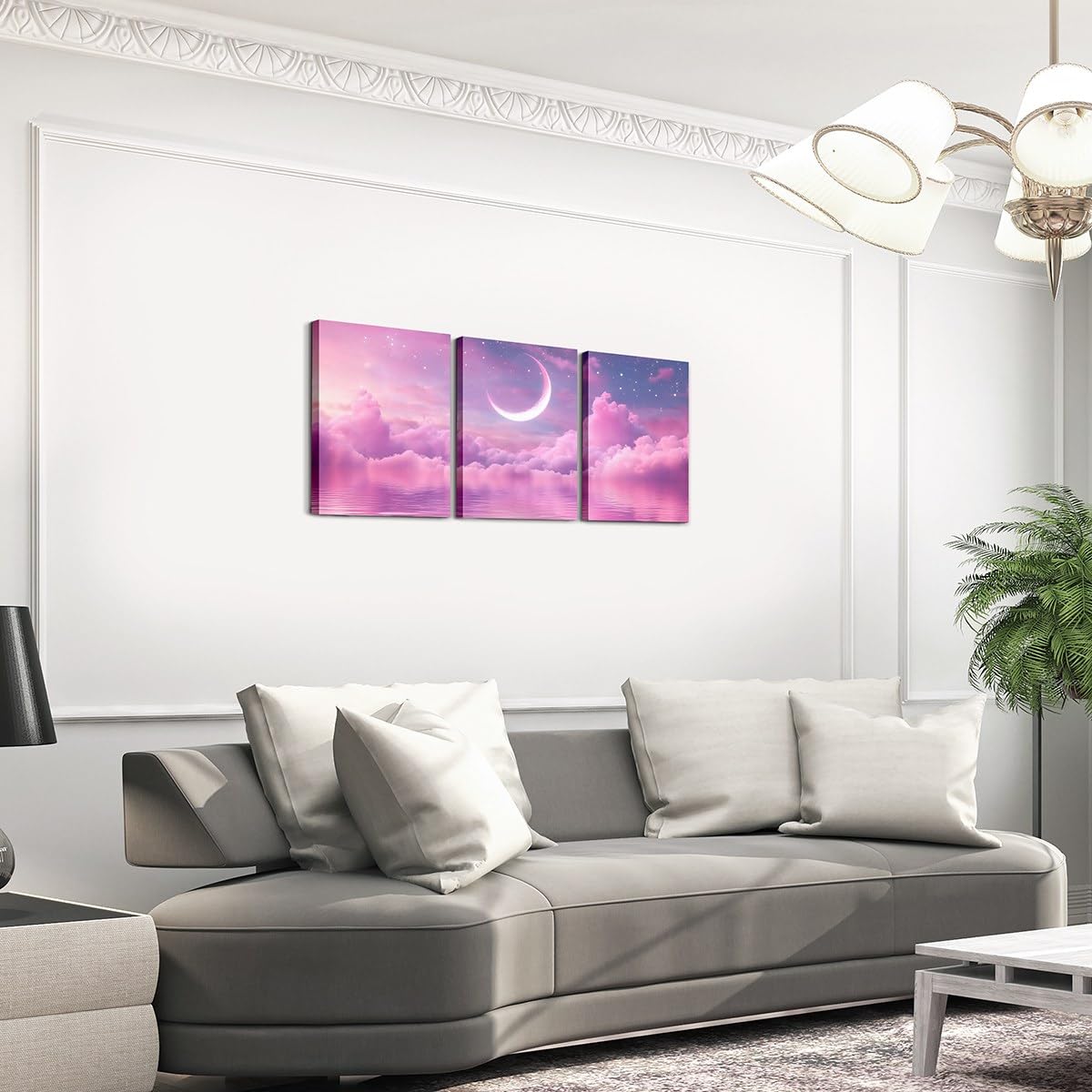 Feelyou Pink Purple Galaxy 3 Piece Canvas Wall Art for Living Room Bedroom Starry Moon Wall Art for Home Decor Dreamy Nebula Office Decor Artwork Outer Space Picture Painting Posters