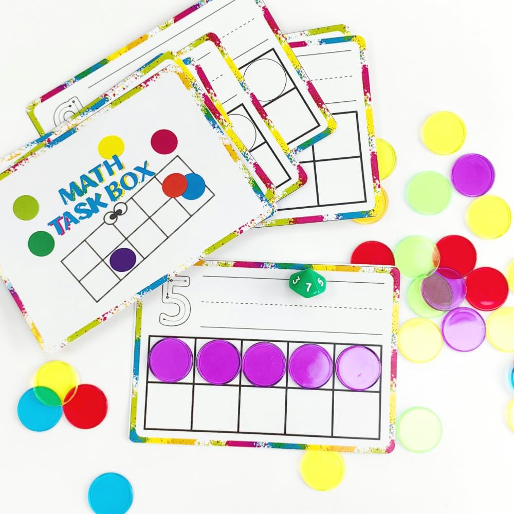 Math Task Boxes Set of 5 Math Manipulatives Themes 230+ Pieces of Number Rods, Base Ten Blocks, Ten Frame Disc Counters, Place Value Blocks, 0-9 Numbers, 3D Shapes, Activity Cards (Disc Counters)