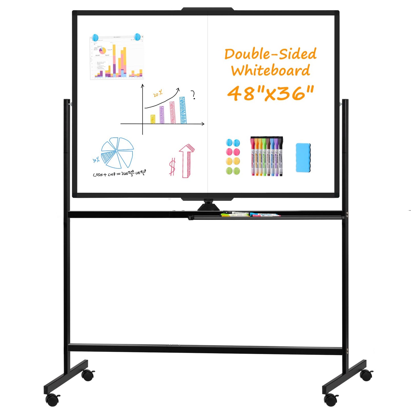 WALGLASS Rolling Dry Erase Whiteboard, 48"x36" Double-Sided White Board on Wheels, Large Portable White Board with Stand, Black Mobile Standing Whiteboards for Office, Home, School 4x3 ft